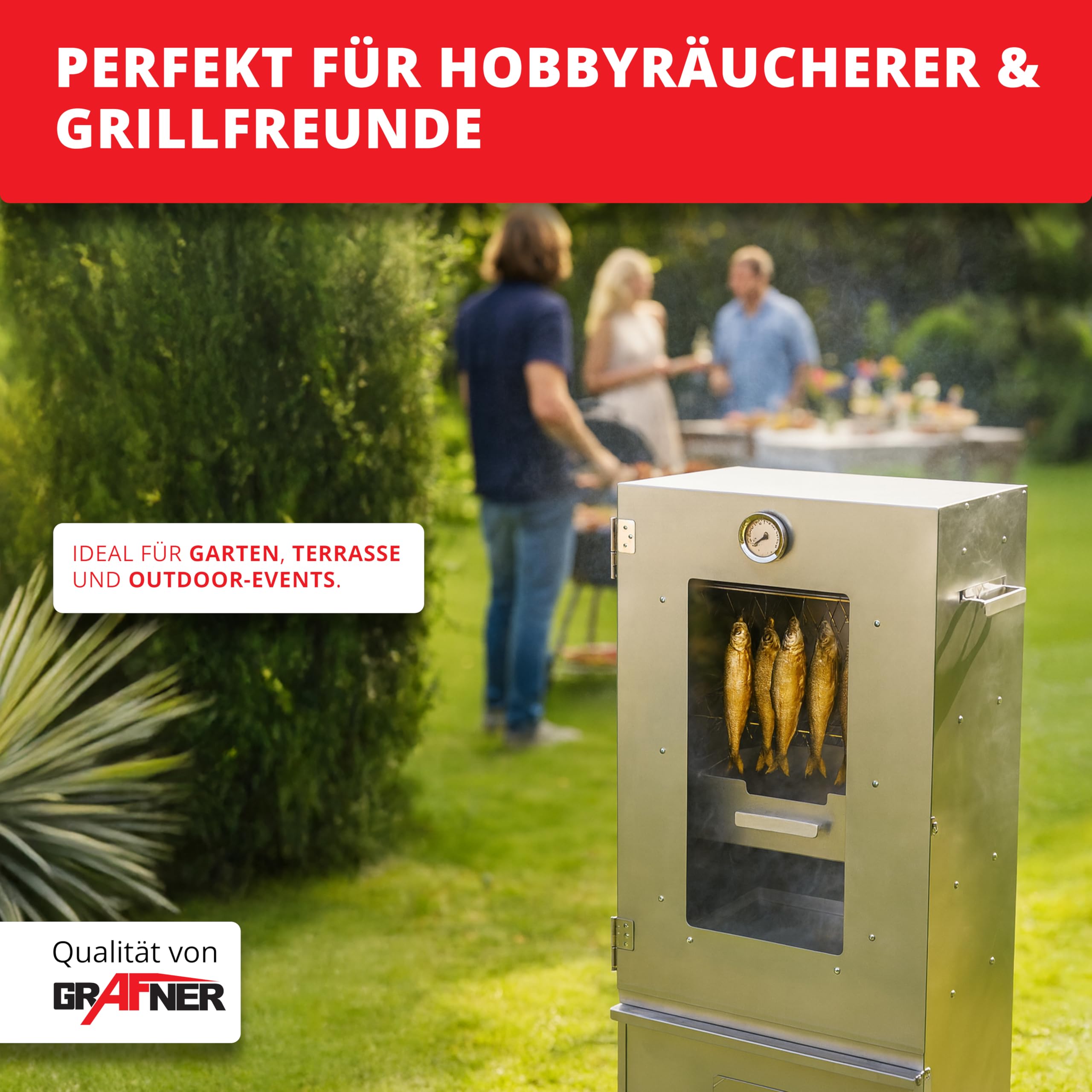 Grafner XL Räucherofen mit 3 Etagen, Sichtfenster und Thermometer, legierter Stahl, 12x Haken, Räucherschrank zum Heißräuchern und Kalträuchern, Smoker für Fisch Fleisch Käse Gemüse