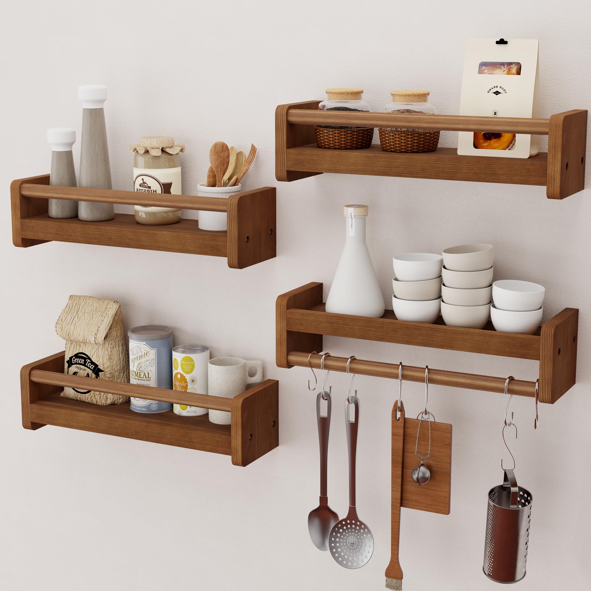 FLYJOE Nursery Floating Shelves with Hanging Rod, 16 Inch Kid's Bookshelves Set of 4, Wall Mounted Baby Clothes Organizer, Kitchen Spice Rack, Picture Ledge Shelf, Jocobean