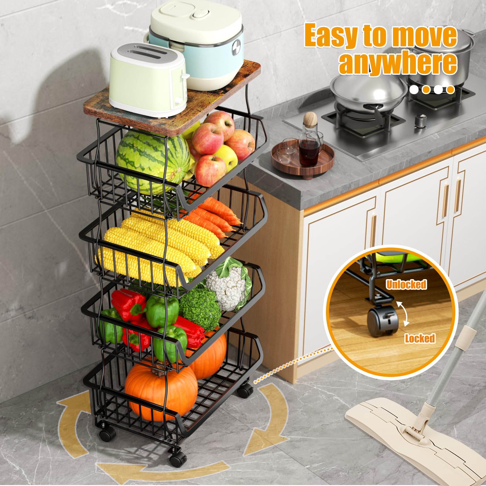 Cesto Portafrutta E Verdura A 5 Ripiani Con Ruote, Metallo E Piano In Legno, 40x30x94 Cm, Per Cucina E Dispensa