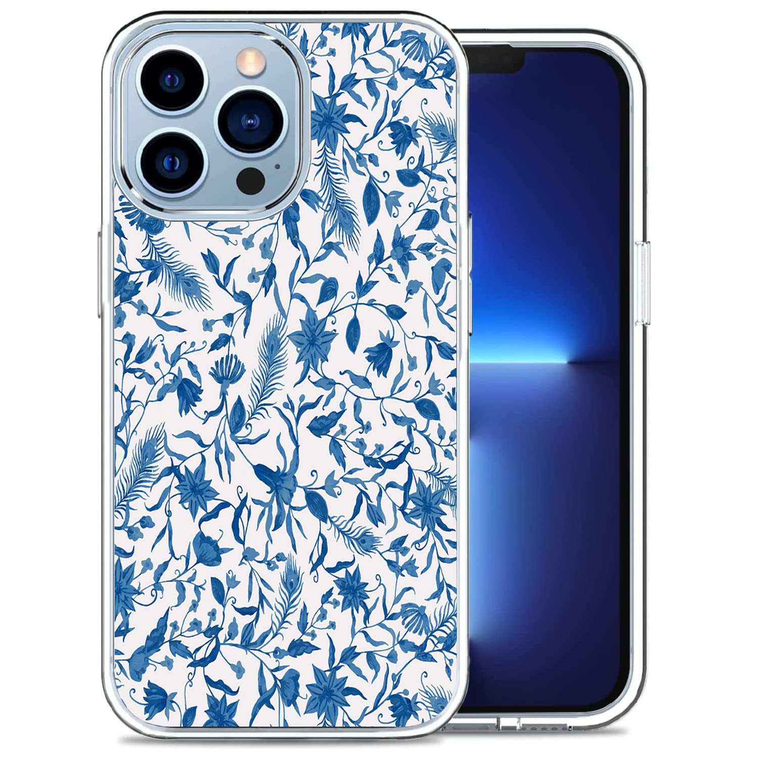 FESTAS Foral Blue Watercolor Flowers Pattern Clear Phone Case Compatible with iPhone 13 Pro Case,Trendy Design TPU Bumper Case Support Wireless Charging