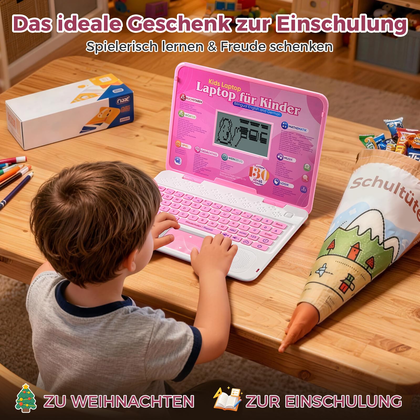 Kinder Laptop - Bilingualer Lerncomputer (DE/EN) mit 9,7x5,2cm Bildschirm für Mathe, Alphabet, Musik & Spiele