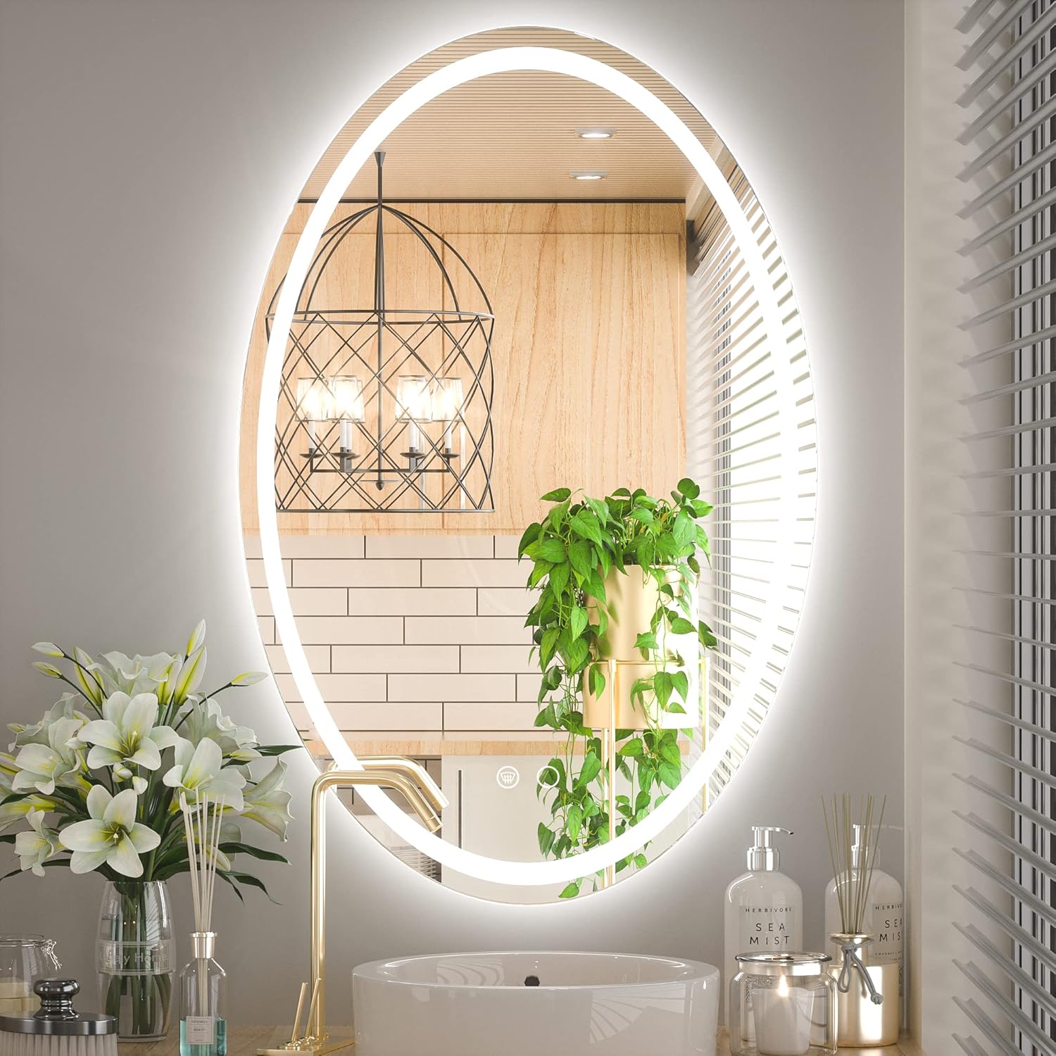 Keonjinn Oval Bathroom LED Mirror 24 x 36 Inch Frontlit and