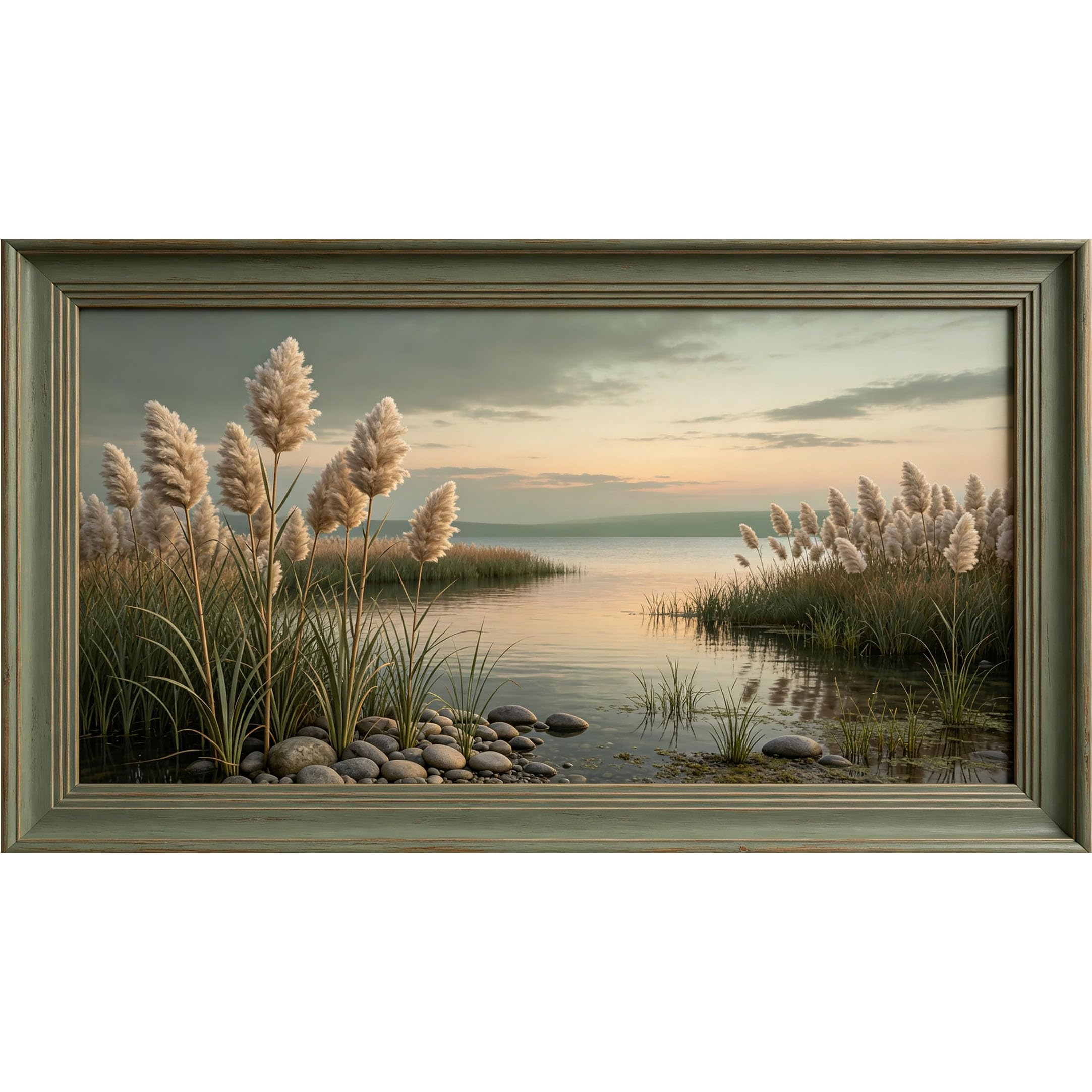 QZLITHOTIC 50x90cm3D Framed Wall Art， Coastal Reeds Lake Sunset Landscape Self‑Adhesive Mural， Water‑Activated Peel & Stick Fabric Decor Wall Decal for Bedroom Living Room