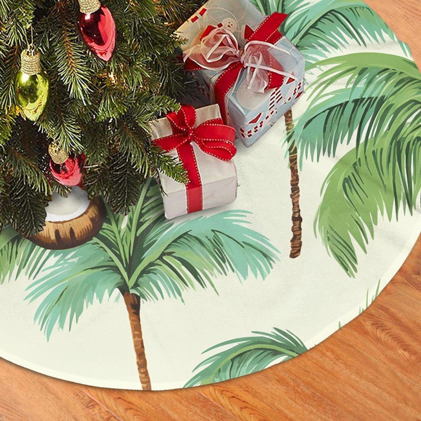 Fodpand Black Summer Coconut Tree Christmas Tree Skirt 48" Velvet Xmas Tree Skirt Mat Rustic Christmas Tree Mat Cover Winter Xmas Tree Collar For Indoor Outdoor Christmas Decorations