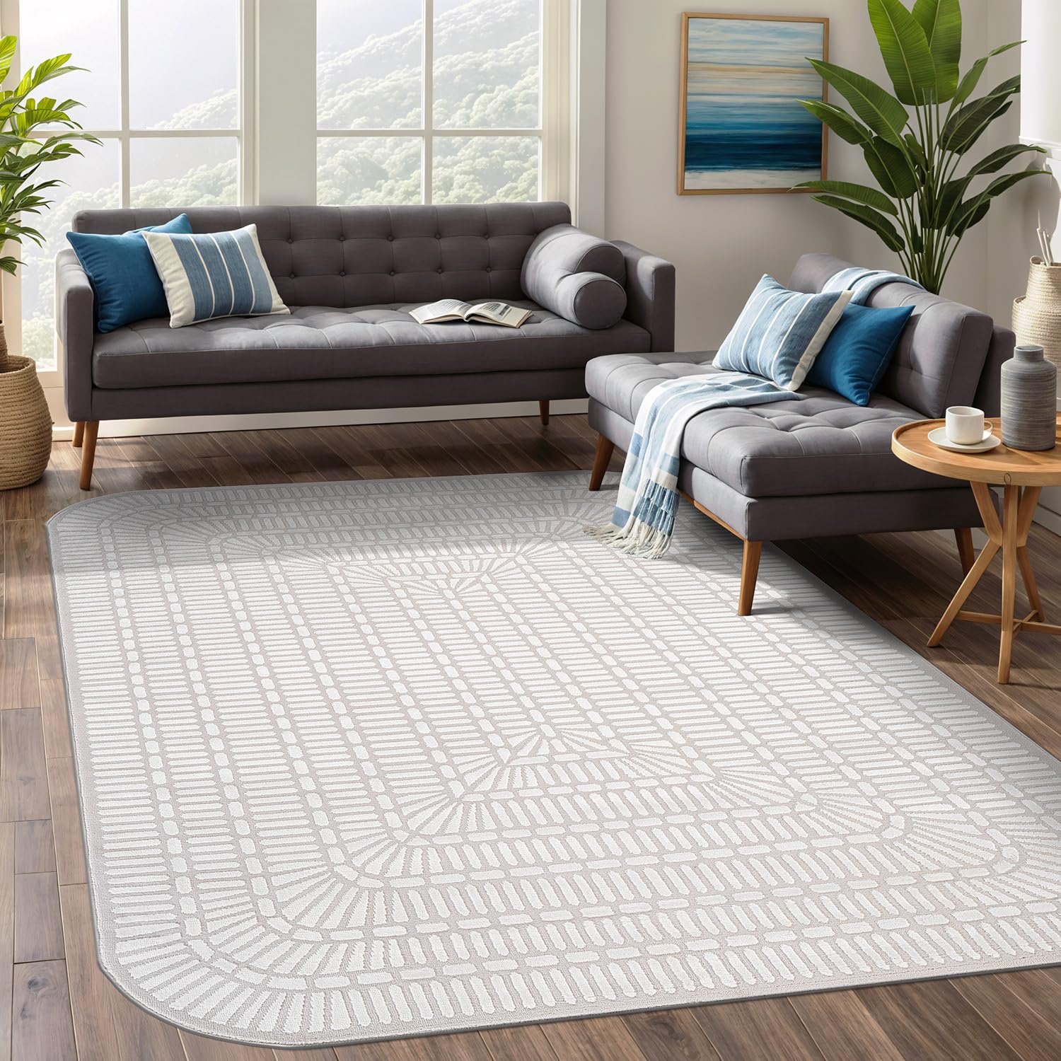Beverly Rug Modern Geometric Area Rug 9x12 Low-High Pile Durable Soft Abstract Grid Indoor Rugs for Living Dining Room Office Stain Resistant Non