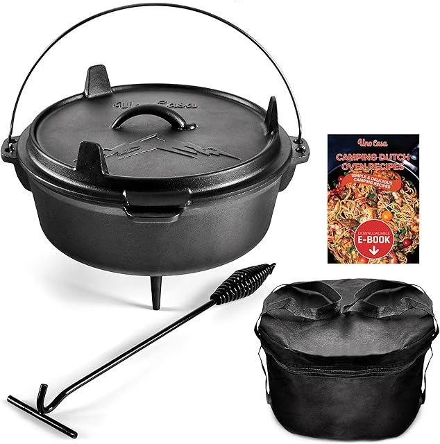 Uno Casa Cast Iron Camping Dutch Oven - 6 Quart Pre-Seasoned Camping Cookware Pot With Lid - Lid Lifter and Tote Bag included