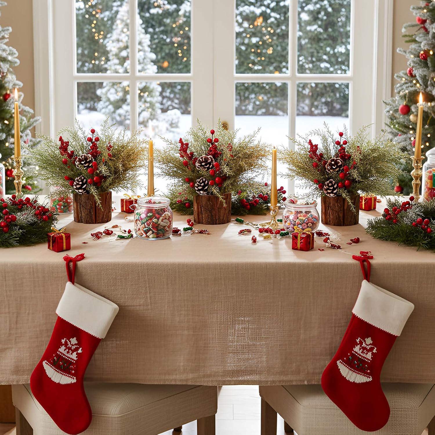 Giegxin 6 Pack Artificial Tabletop Christmas Tree for Centerpiece Decoration 12 Inch Potted Christmas Tree Faux Cedar Branch with Pine Cones, Berries and Holly Bunches for Home Office Room Decorations