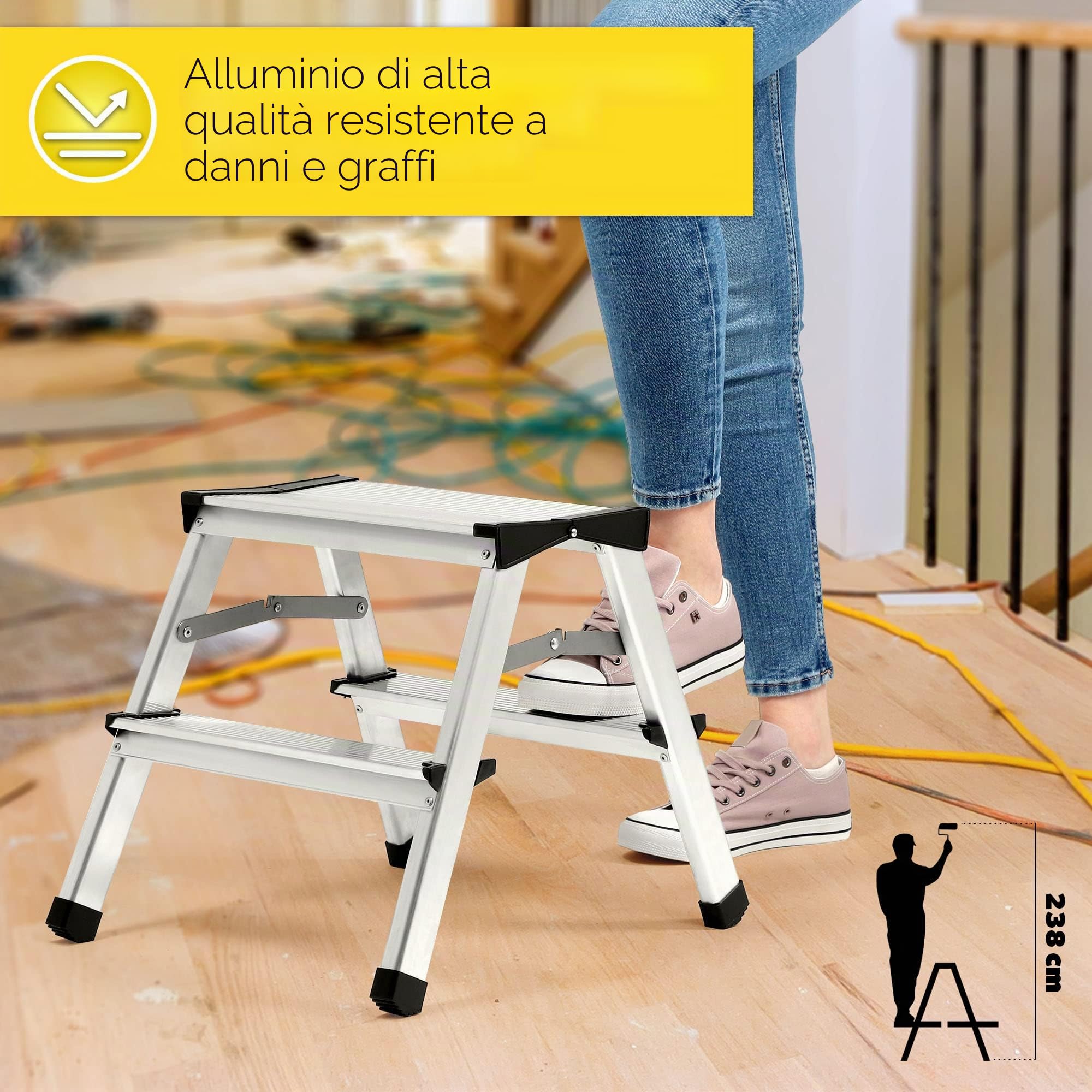 KADAX Scaletta Pieghevole in Alluminio, Scala Doppia a Pioli con Piattaforma Antiscivolo, Gradini Larghi e Struttura Leggera, Fino a 125 kg (2 Gradini)