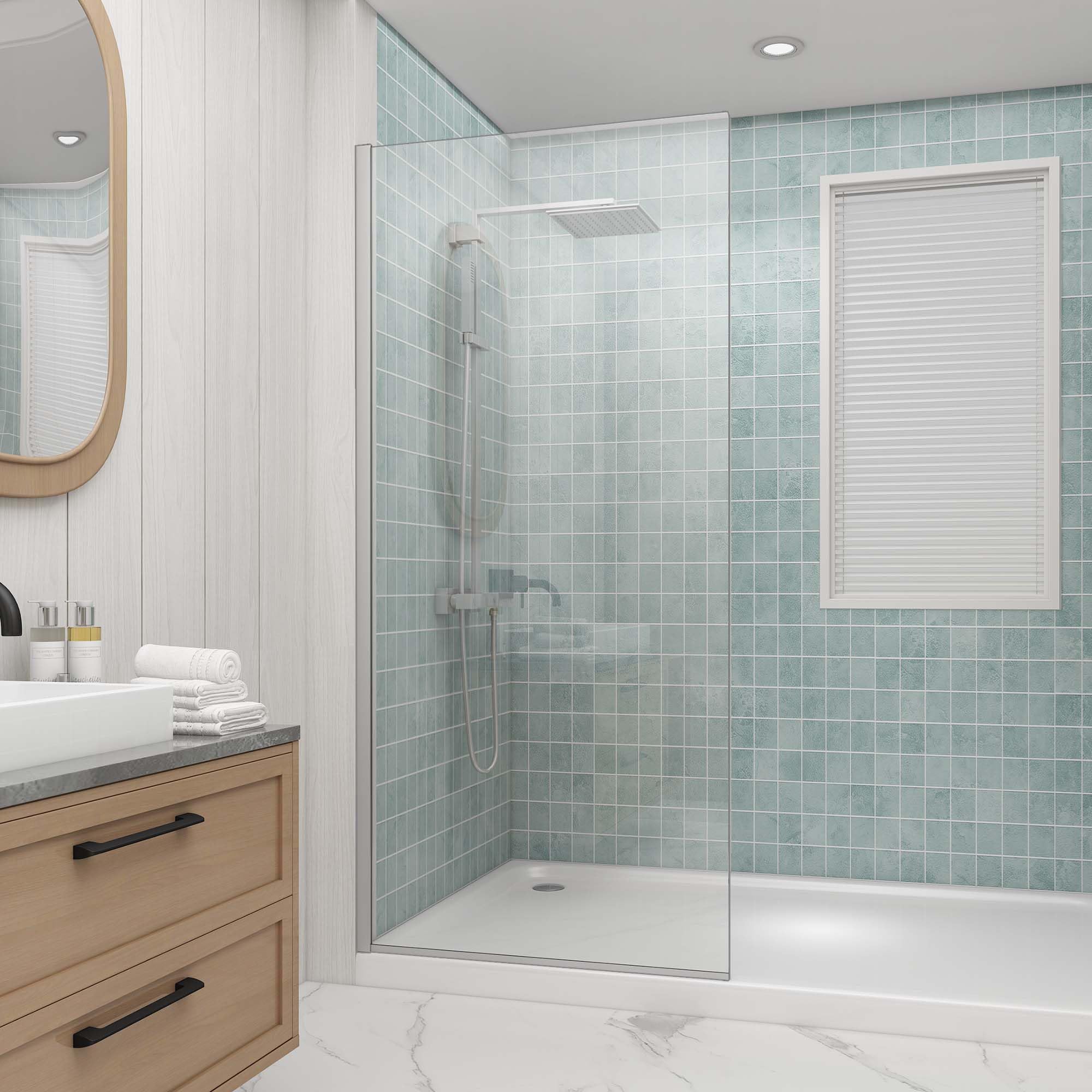 Photo 1 of Sunrosa 32"×76" Shower Glass Panel,8mm Thick Glass Shower Panel,Brushed Nickel Semi-Frameless Bathroom Shower Glass, Easy to Clean