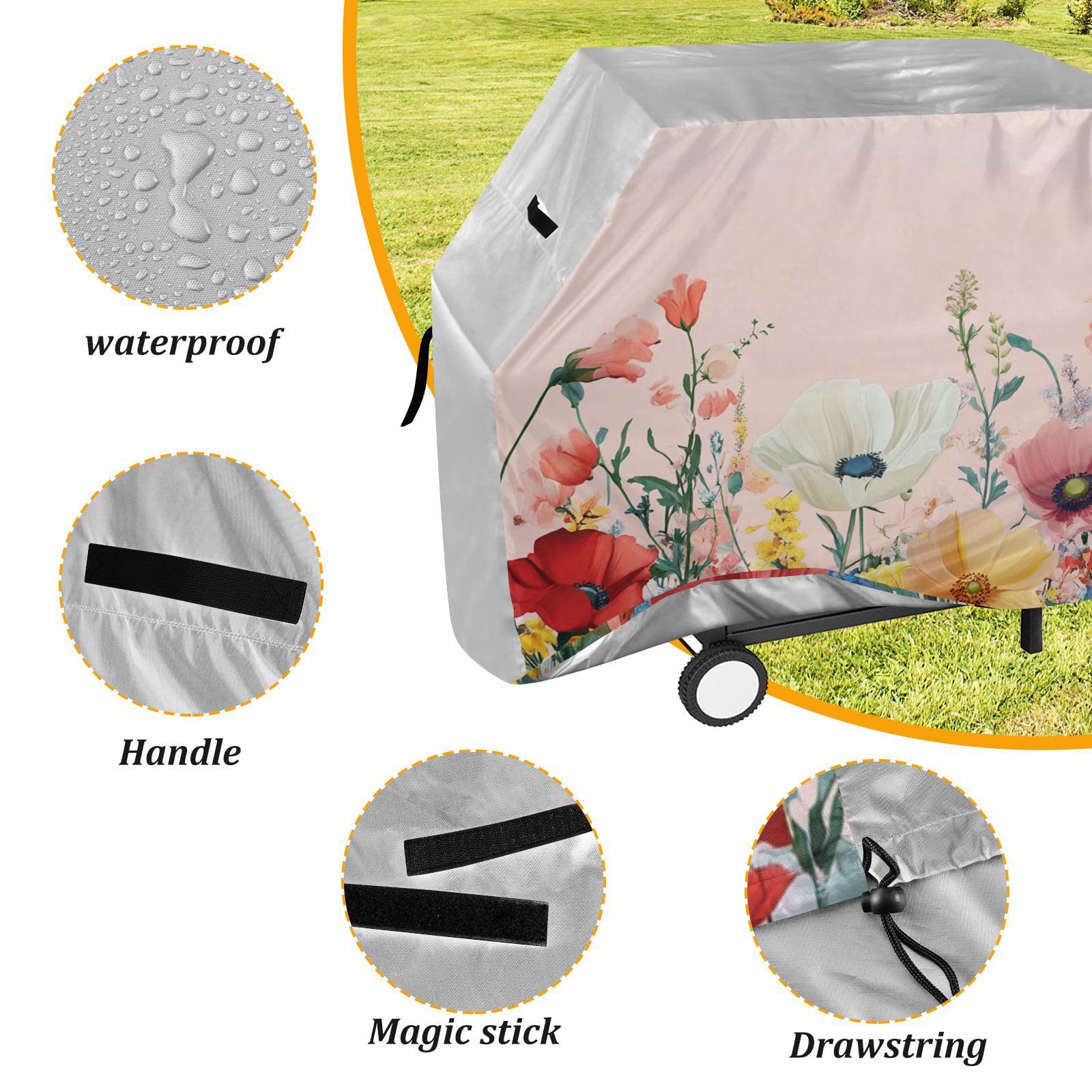Kwitnące kwiaty kwiatowe chwasty wiosna na zewnątrz patio pokrowiec na grilla 150 cm wodoodporny wytrzymały odporny na rozdarcie odporny na blaknięcie materiał pokrowiec na grilla z regulowanym