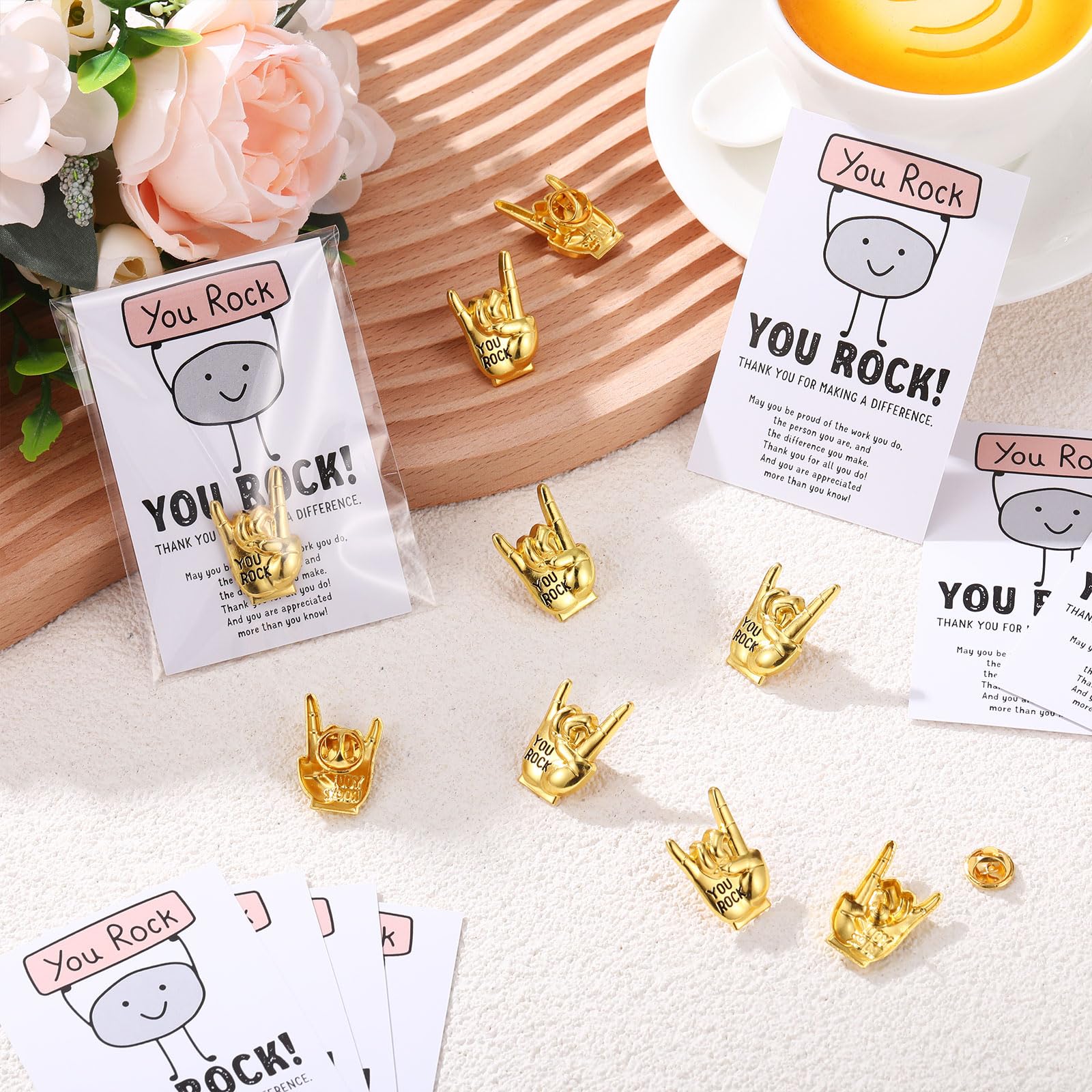 Zeyune You Rock Enamel Pins Employee Appreciation Gifts Bulk You Rock Gifts for Coworkers Office Staff Work Team Teacher Funny Employee of The Month Lapel Pin Thank Cards Bags