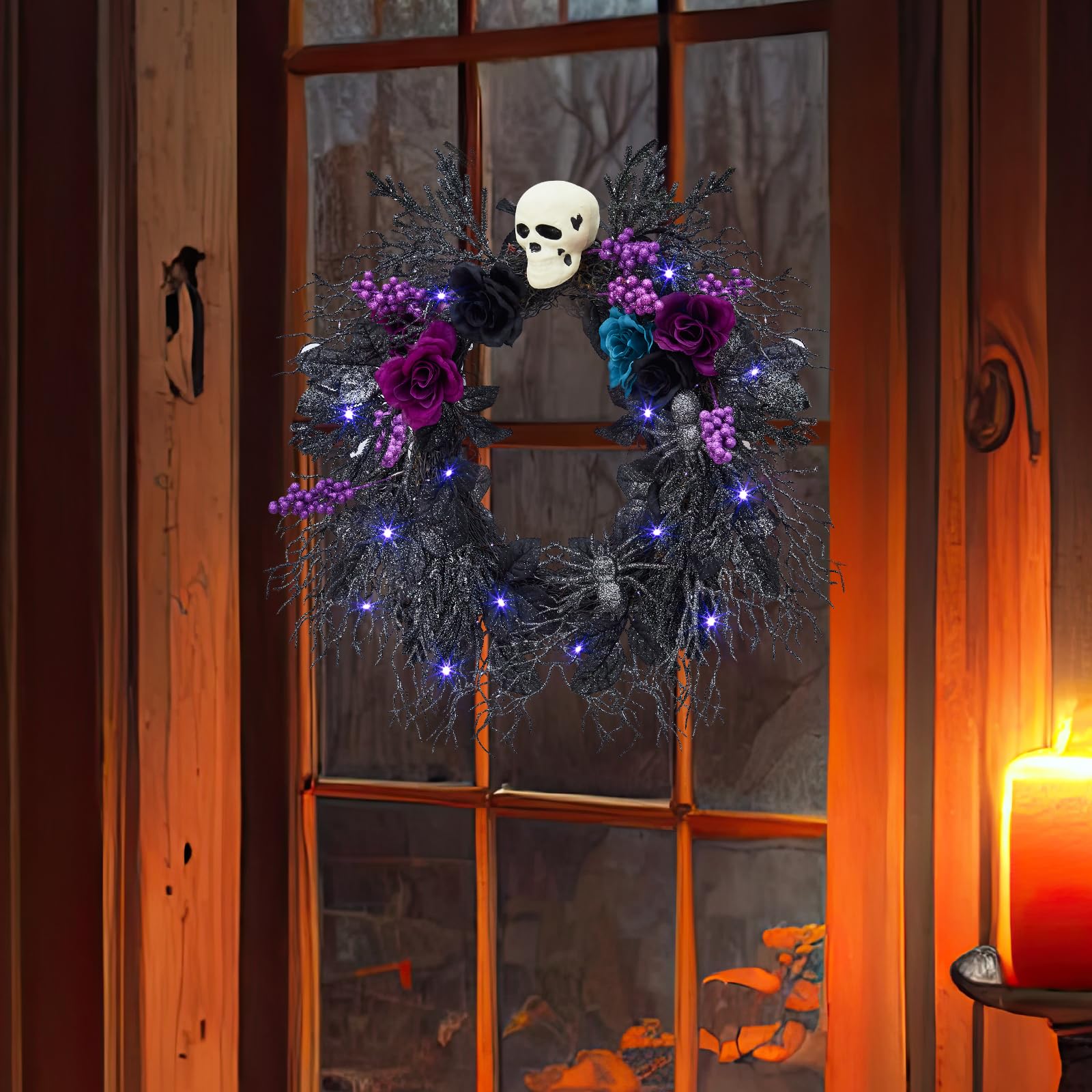GarveeLife Wieniec z czaszką na Halloween na drzwi wejściowe ze światłami, 50 cm, wstępnie oświetlony, czarny, fioletowy, różany pająk, gotycka girlanda, przerażająca dekoracja, do domu, na ścianę,