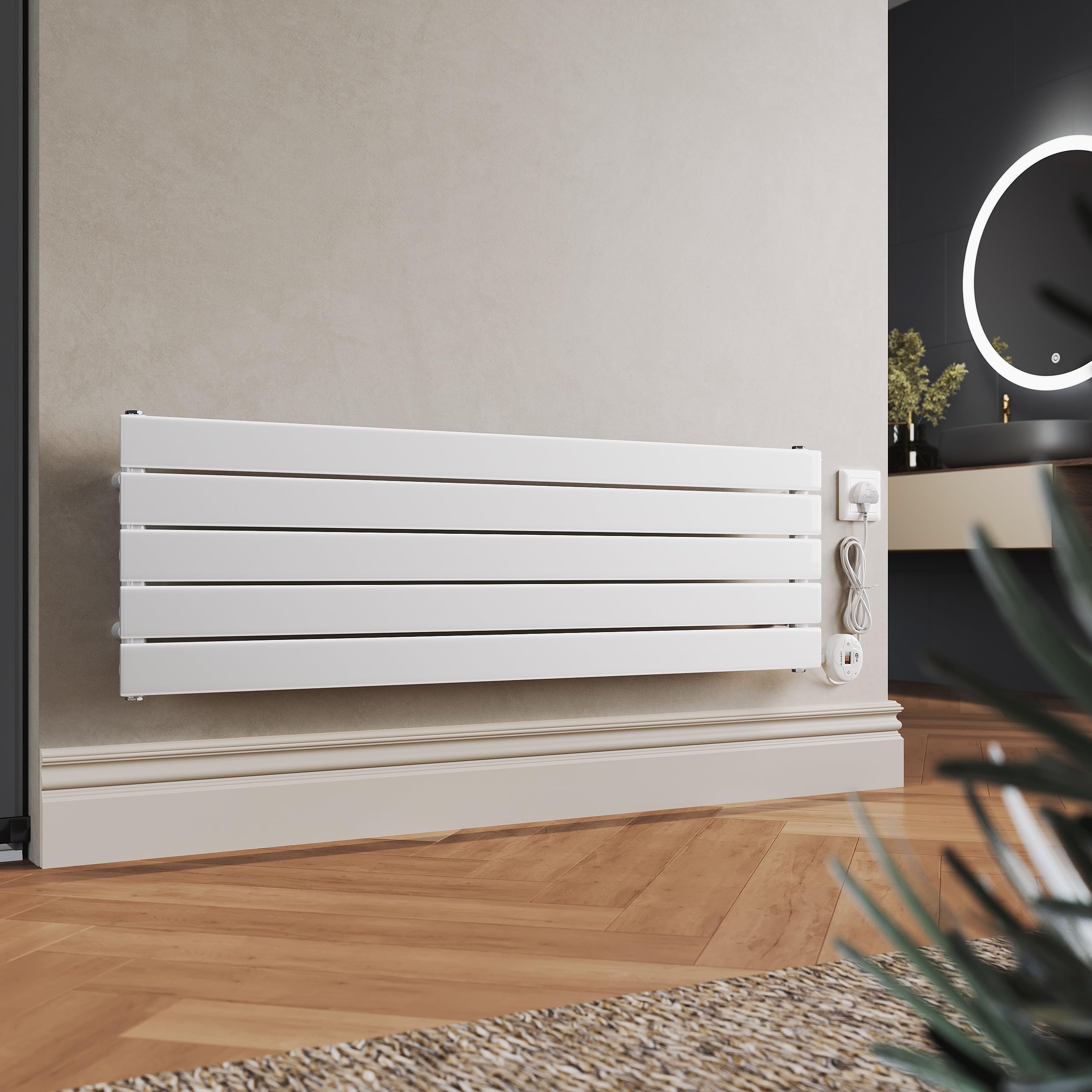 ELEGANT 800W Smart WiFi Thermostatic Electric Radiator, Wall Mounted Designer Panel Heater with 7d/24h Timer & LCD Display, White, 376x1200mm
