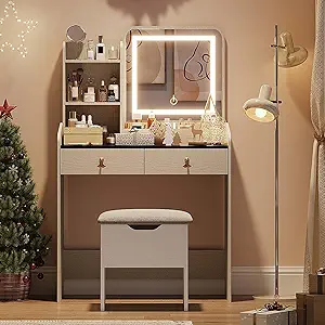 GarveeHome Vanity Desk with LED Light Mirror and Charging Station,Small Makeup Vanities Set with 2 Drawers,Vanity for Girls Women with Storage Stool (White + Black Tabletop)