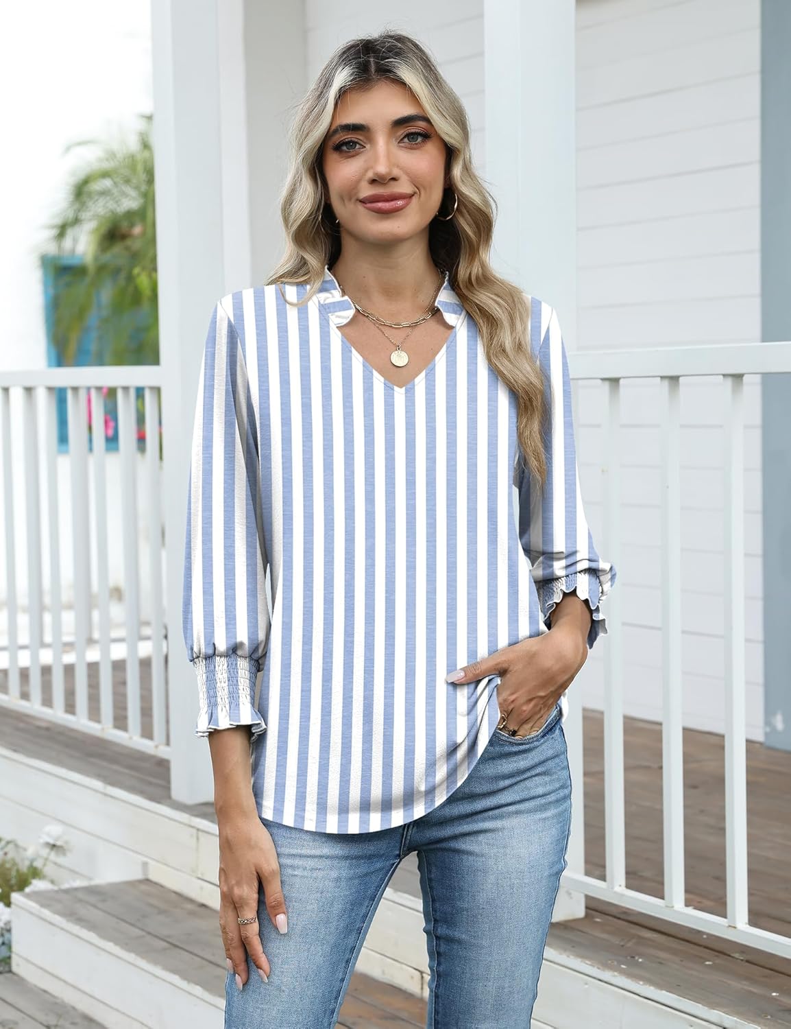 Kistore Tops for Women Dressy Casual 3/4 Length Sleeve Blouses with Pleated Cuffs 2026 Trendy Shirts - Image 4