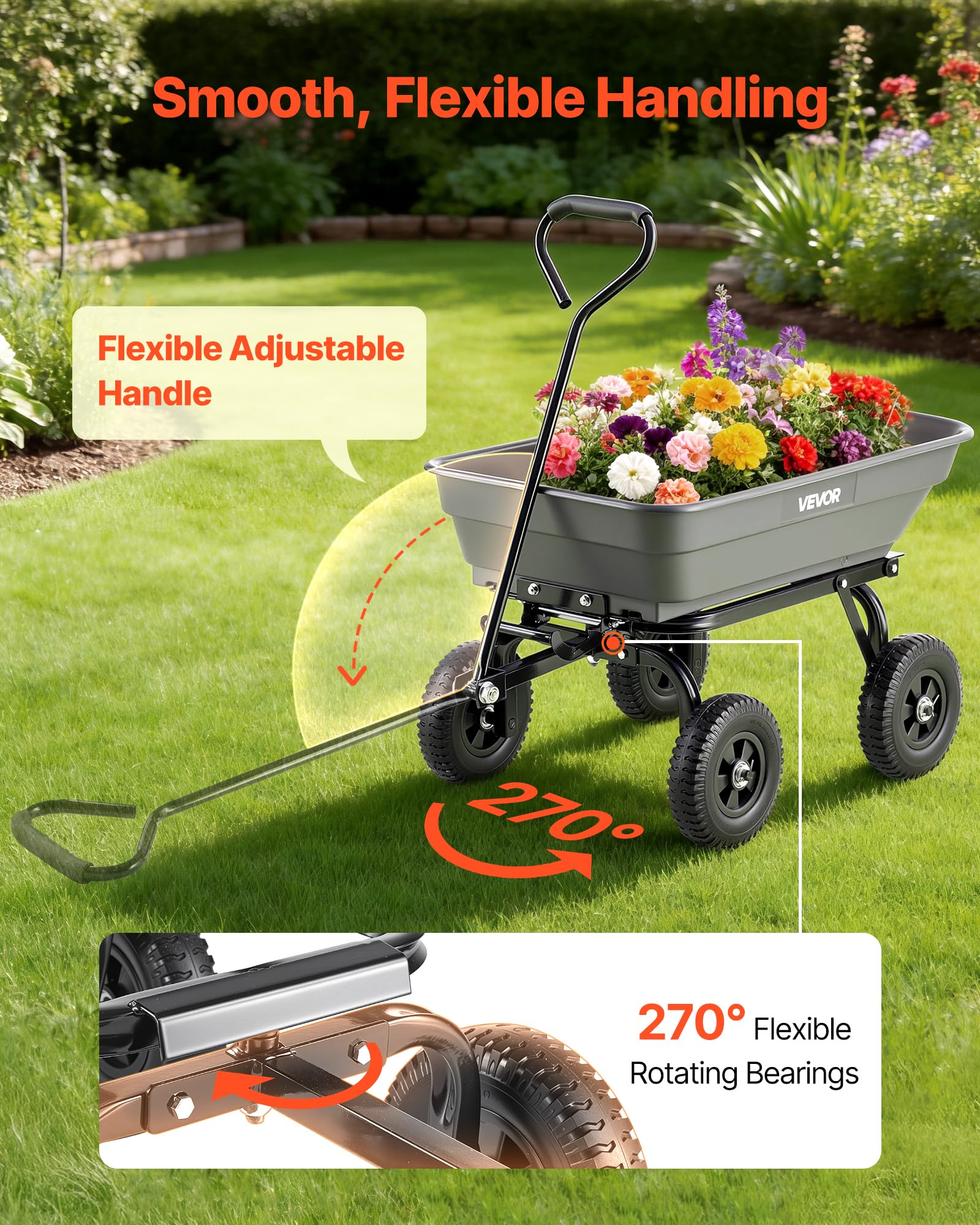 VEVOR Carrello Ribaltabile per Giardinaggio Carico di 181 kg, con Meccanismo di Scarico Rapido, Ruote Girevoli, Cuscinetti Rotanti Flessibili, Carrello da Giardino per Piante, Terreno, Colture