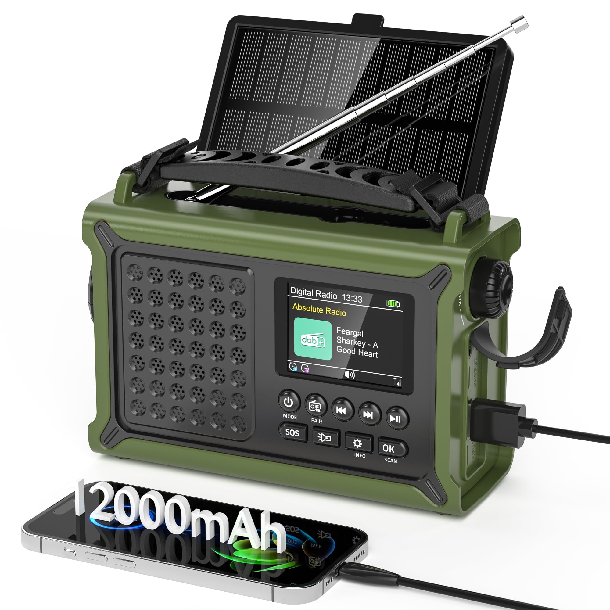 Kurbelradio DAB/DAB+/UKW mit 12000mAh Akku, Notfallradio mit 8500mm² Solarpanel, Handkurbel Blackout Notfallausrüstung, Digital Radio mit Bluetooth 5.0, Taschenlampe & Leselicht für Outdoor, Camping