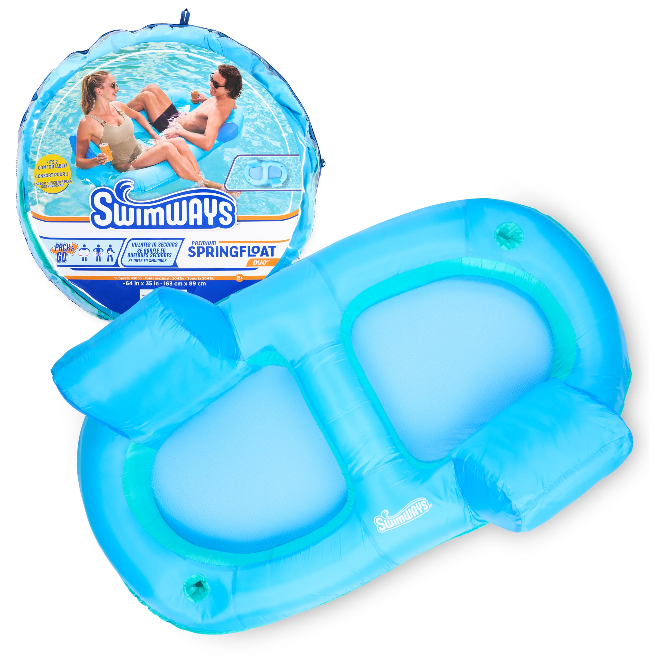 SwimWays Spring Float Premium Duo, Pool Chair Fits 2 Adults, Inflatable Pool Floats Adult with Fast Inflation for Ages 15 & Up