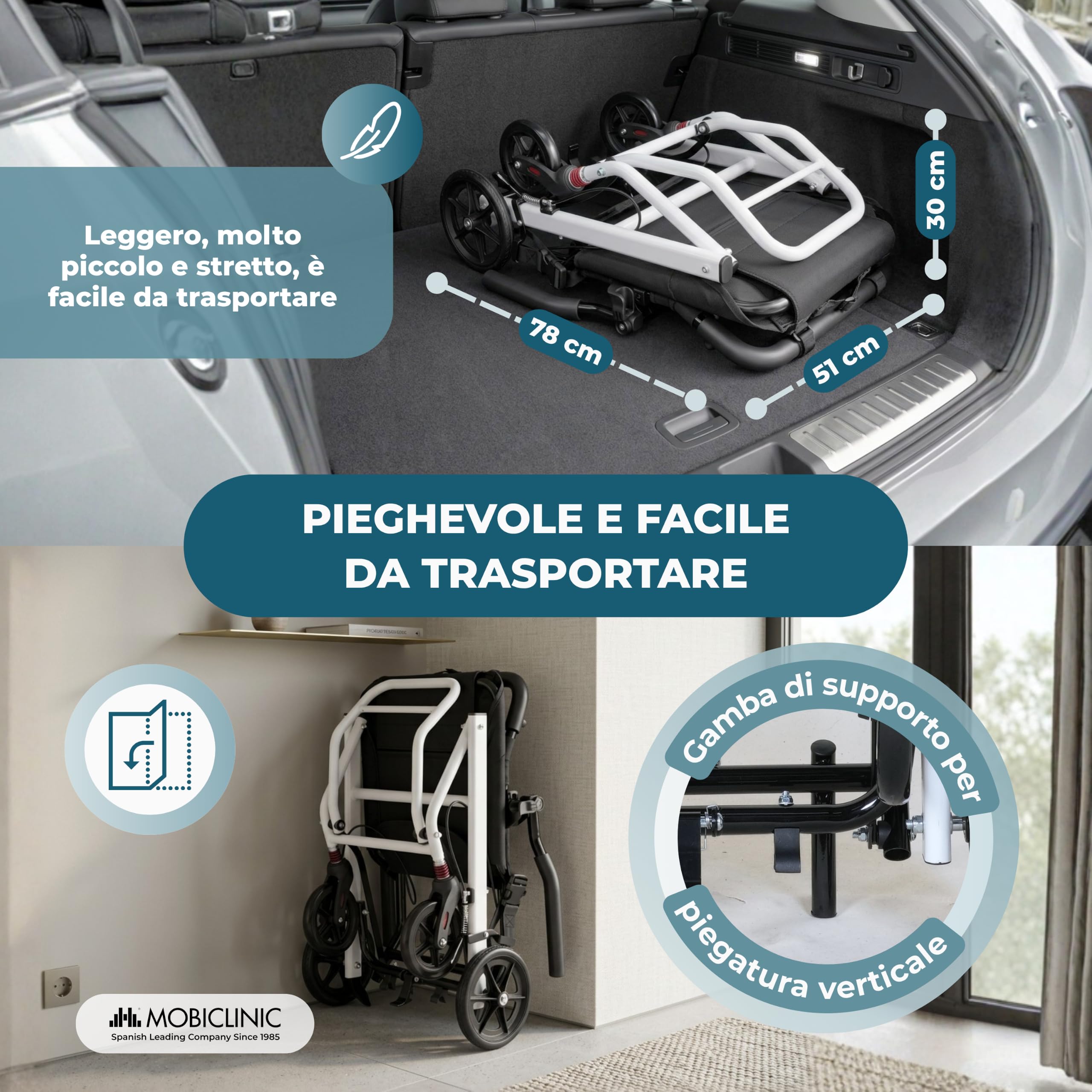 Mobiclinic®, Sedia a Rotelle da Tránsito, Pieghevole, per Brevi Tragitti | Sedile da 40 cm, Sistema di Bloccaggio del Freno, Braccioli e Poggiapiedi Pieghevoli, Leggera, Fino a 100 kg, Acciaio, Venus