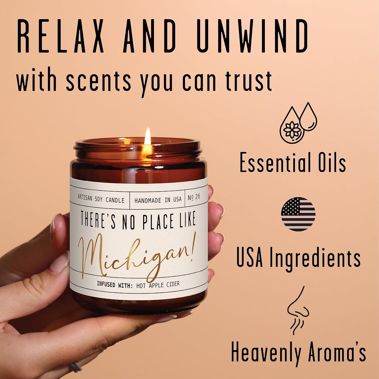 Michigan Gifts, Michigan Decor for Home - 'There's No Place Like Michigan Candle, w/Hot Apple Cider I Michigan Souvenirs I Michigan State Gifts I 9oz Jar, 50Hr Burn, USA Made - Image 6