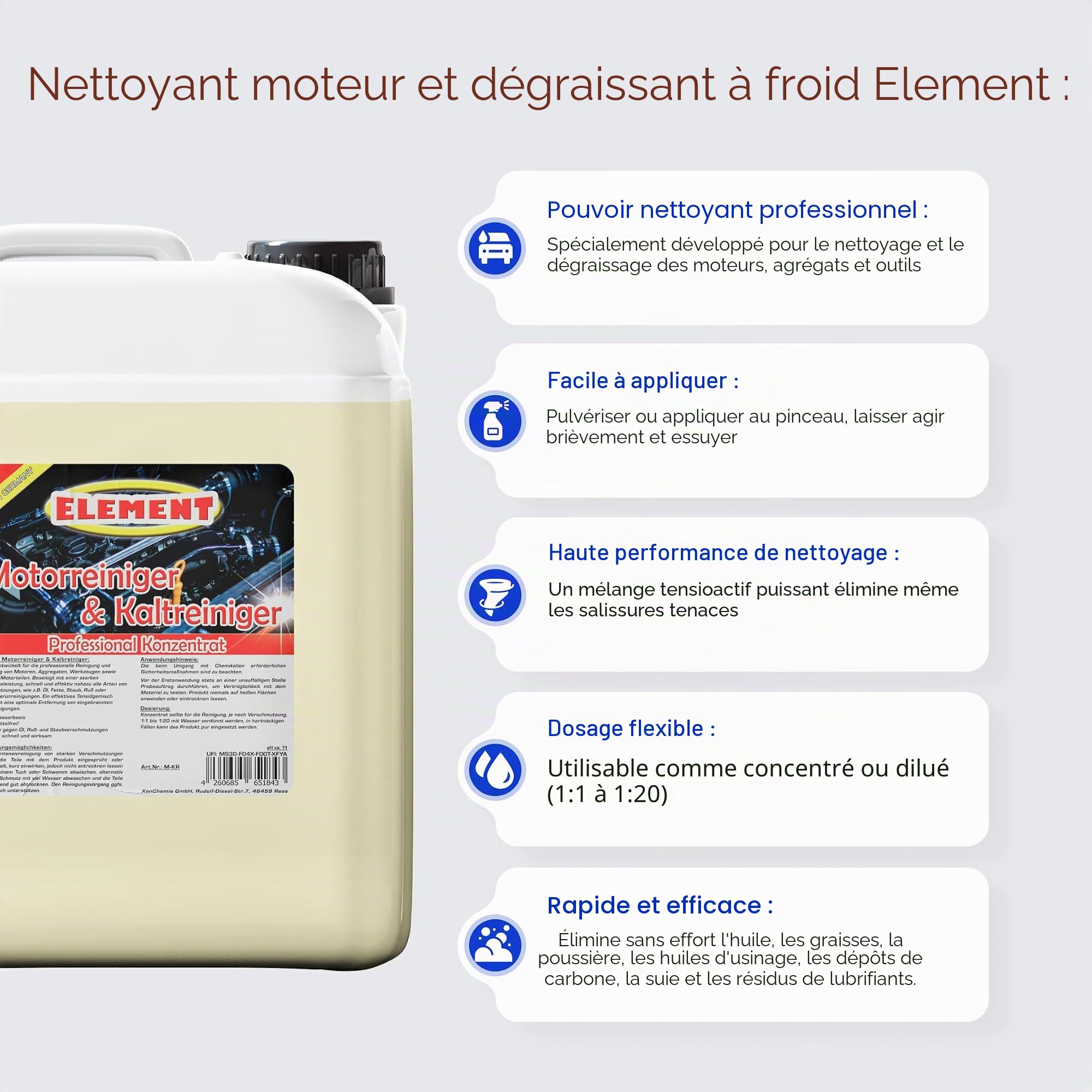 Element 5 litres de nettoyant pour moteur - Concentré économique - Haute puissance de dissolution de la saleté - Nettoyant d'atelier - Nettoyant de pièces - Purificateur à froid - Nettoyant moteur