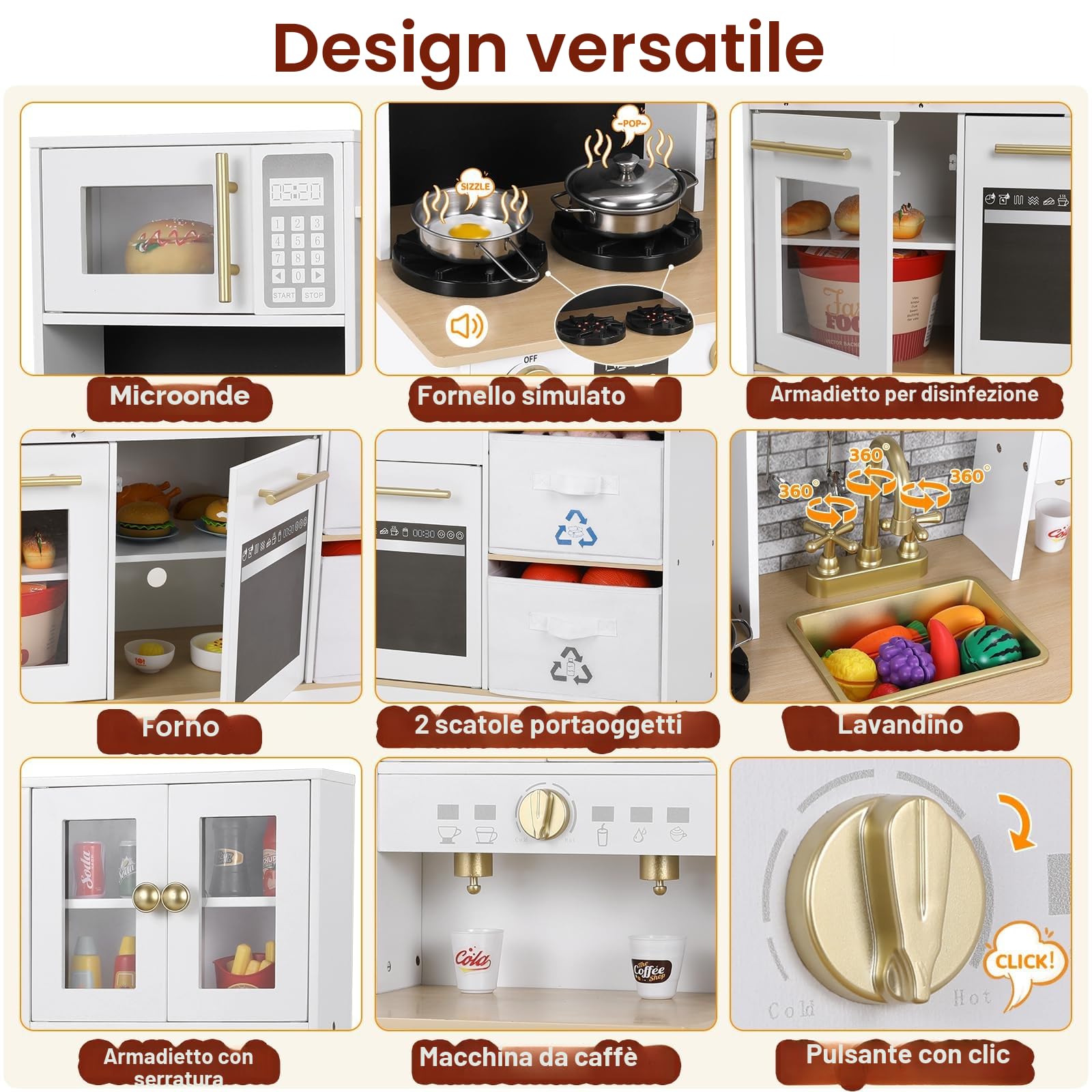 MAMIZO Cucina Giocattolo per Bambini Legno, con Effetti Simulati di Luce e Suono, Cucina Bambini con 2PCS Scatole Portaoggetti, Cucinetta Giocattolo per Bimbi da 3 Anni, 90x30x90 cm, Bianco