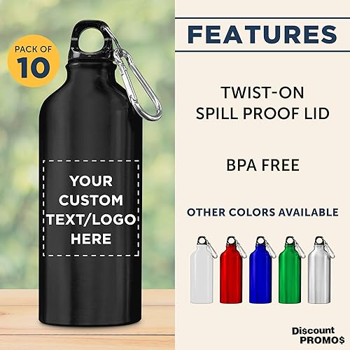 Miniatura 2 de DISCOUNT PROMOS Botellas de agua de aluminio personalizadas de 20 onzas, juego de 10, paquete personalizado a granel, perfectas para gimnasio,
