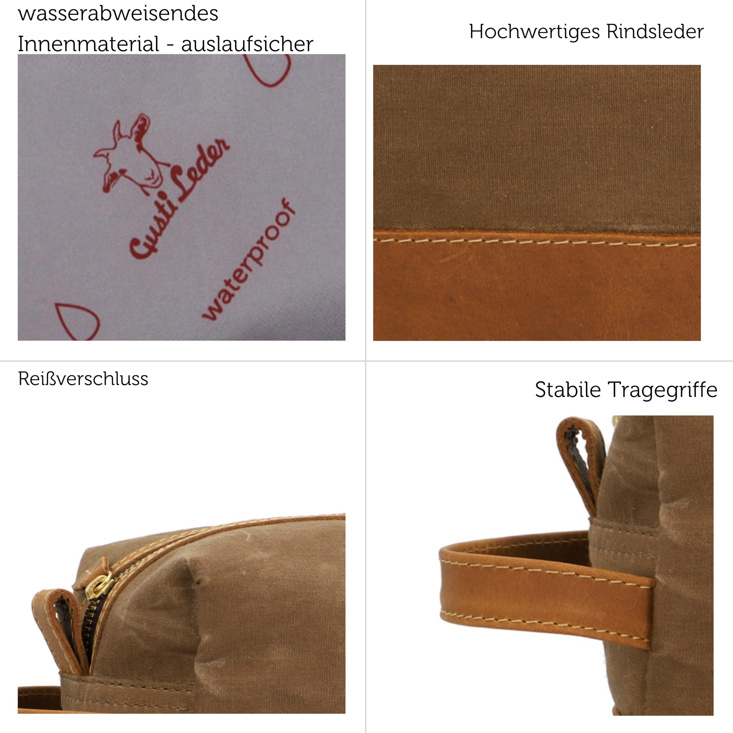 Gusti Waschtasche Leder - Myra Kulturtasche Kulturbeutel mit wasserfestem Canvas Braun Leder