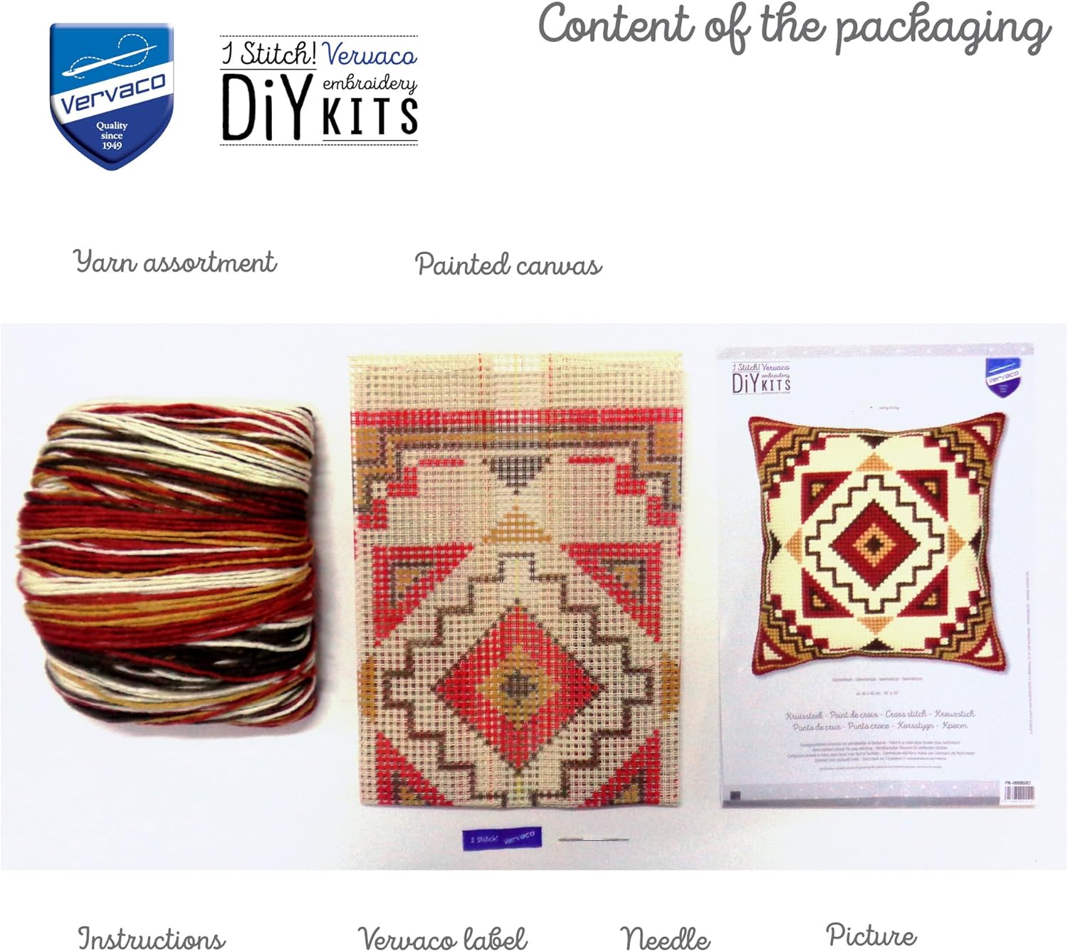 Vervaco Cross Stitch Embroidery Kits Pillow Front for Self-Embroidery with Embroidery Pattern on 100% Cotton and Embroidery Thread, 15,75 x 15,75 Inches - 40 x 40 cm, Geometrical
