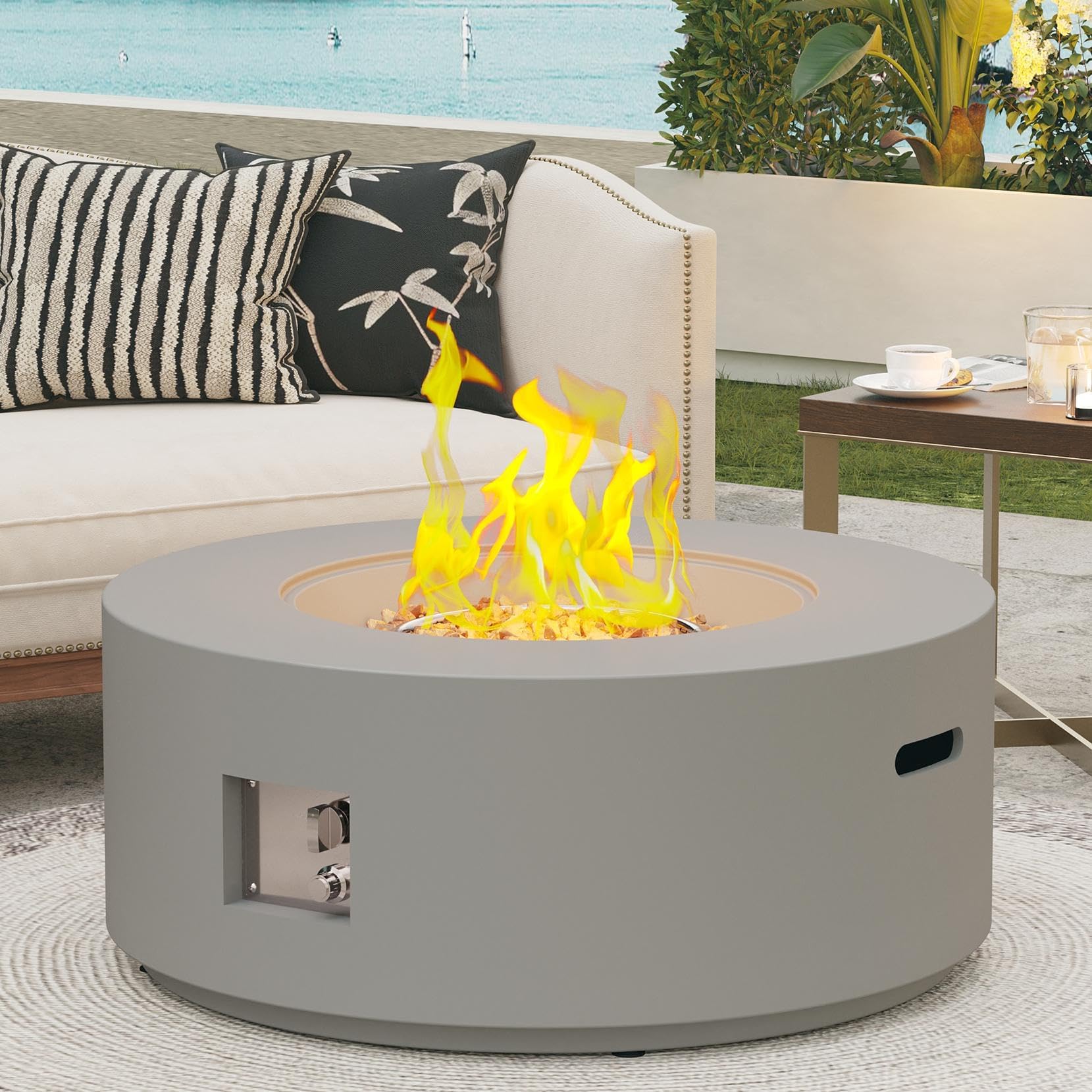 32.5 Inch Propane Fire Pit Table, 50,000 BTU Round Patio Fire Pit Table Outdoor, CSA Certified, Stainless Burner with Steel Lid, Waterproof Cover & Lava Rocks, for Garden Backyard, Gray