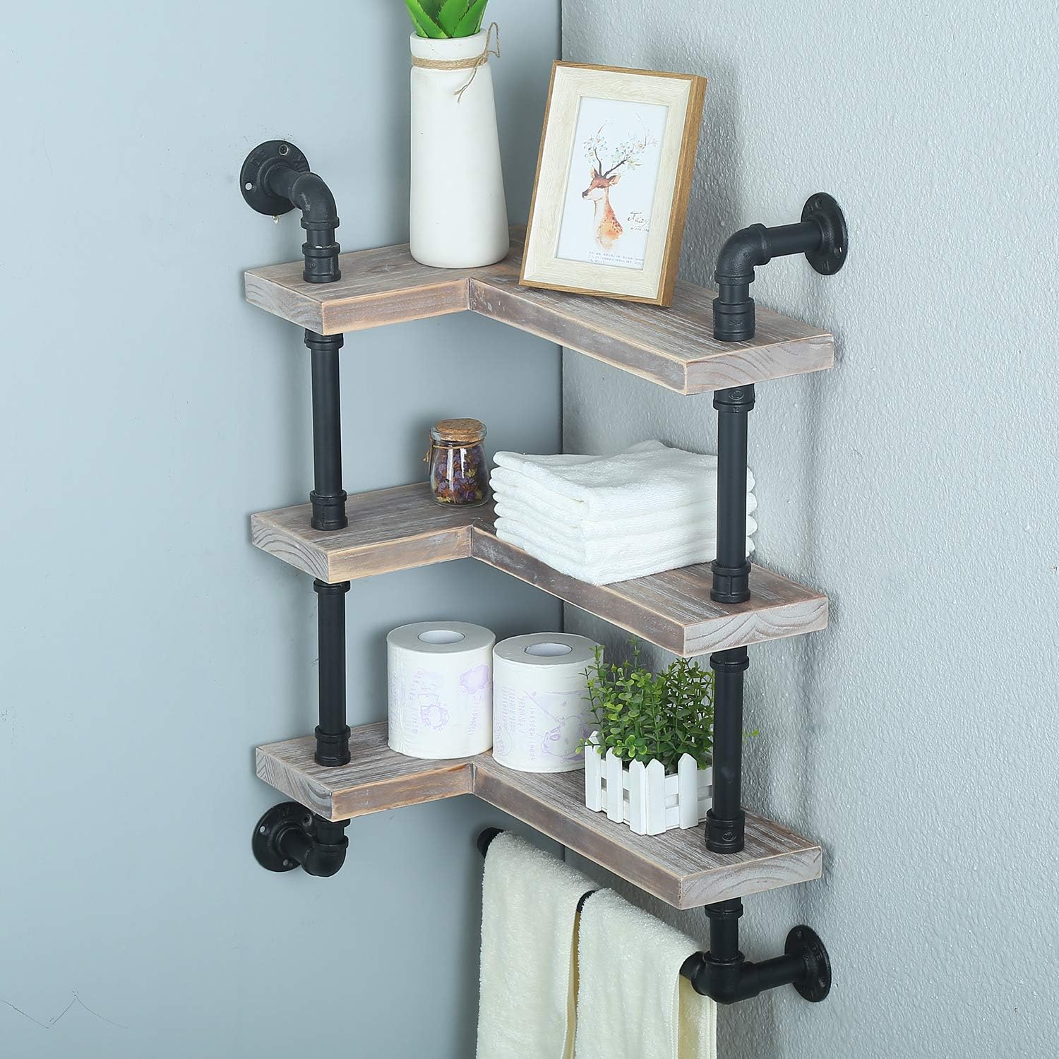 Ucared Industrial 3Tier LShape Corner Shelf with Towel Bar,Rustic