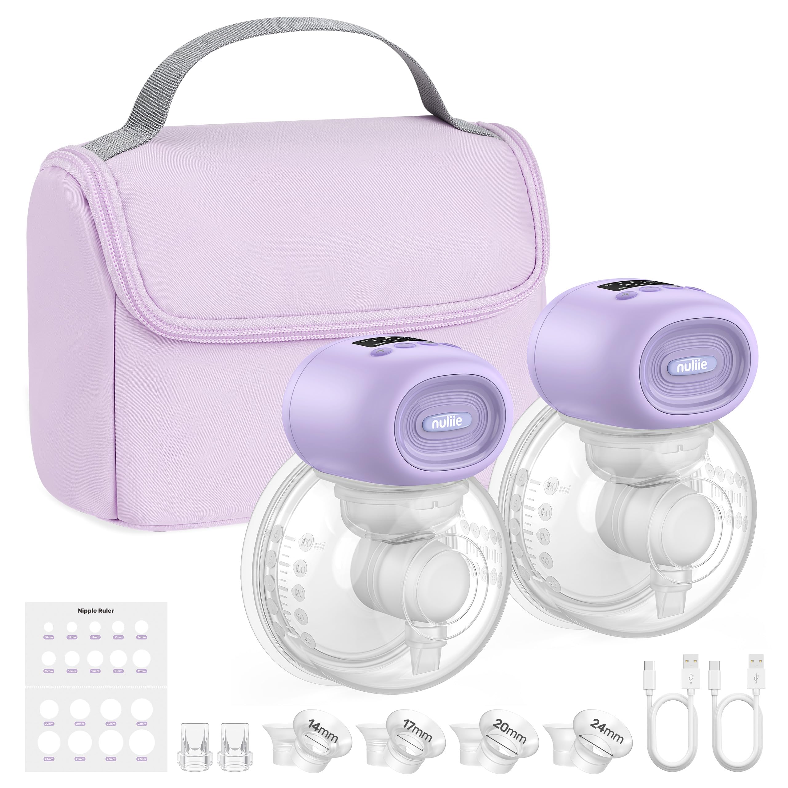 Nuliie Tire-lait électrique avec sac de rangement (lot de 2, violet) | Tire-lait électrique portable avec 4 modes d'aspiration 12 niveaux, avec bride de 14/17/20/24/27 mm pour chaque écrou