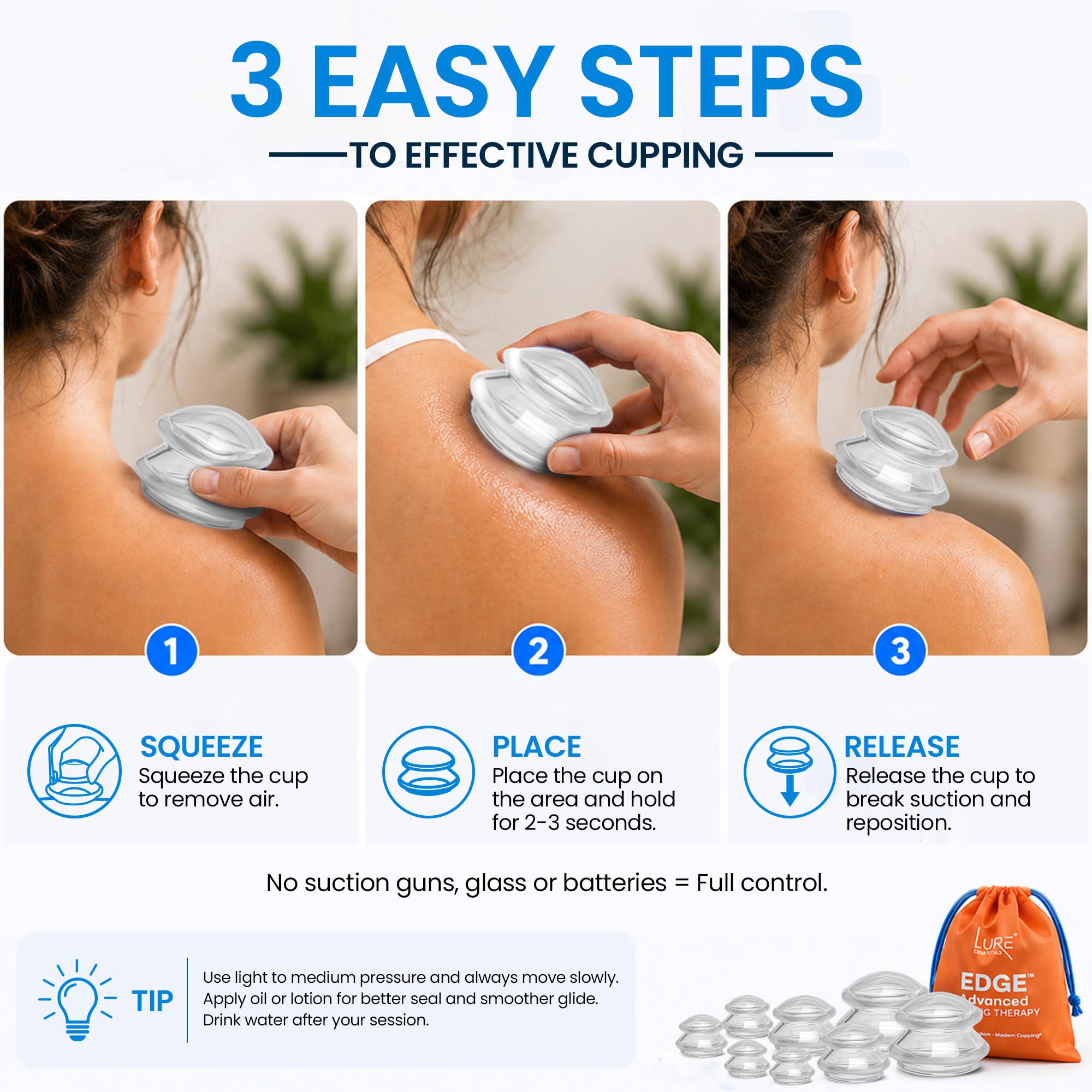Set di 8 ventose per massaggi professionali in silicone per massaggio, rilassamento miofasciale, riduzione della cellulite (trasparente esca)