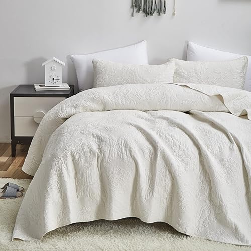 Tache - Juego de 3 piezas de colcha acolchada ligera bordada de algodón damasco paisley vainilla crema marfil elegante matelassé, tamaño Queen