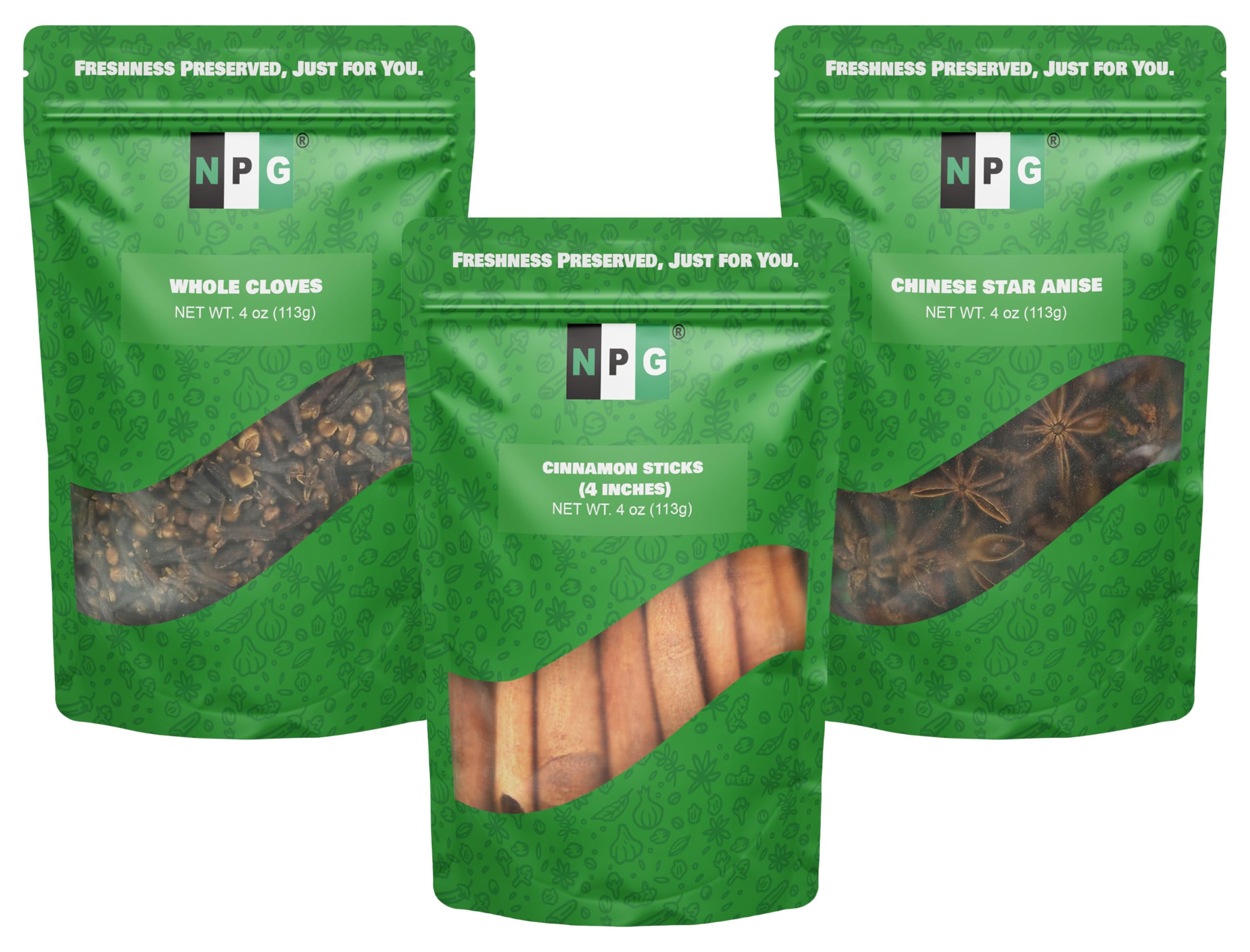 NPG Whole Cloves, Star Anise, and Cinnamon Sticks, 4 Oz Each (Pack of 3), All-Natural, No Preservatives, Perfect for Baking, Cooking, and Crafting, Essential Kitchen Refill