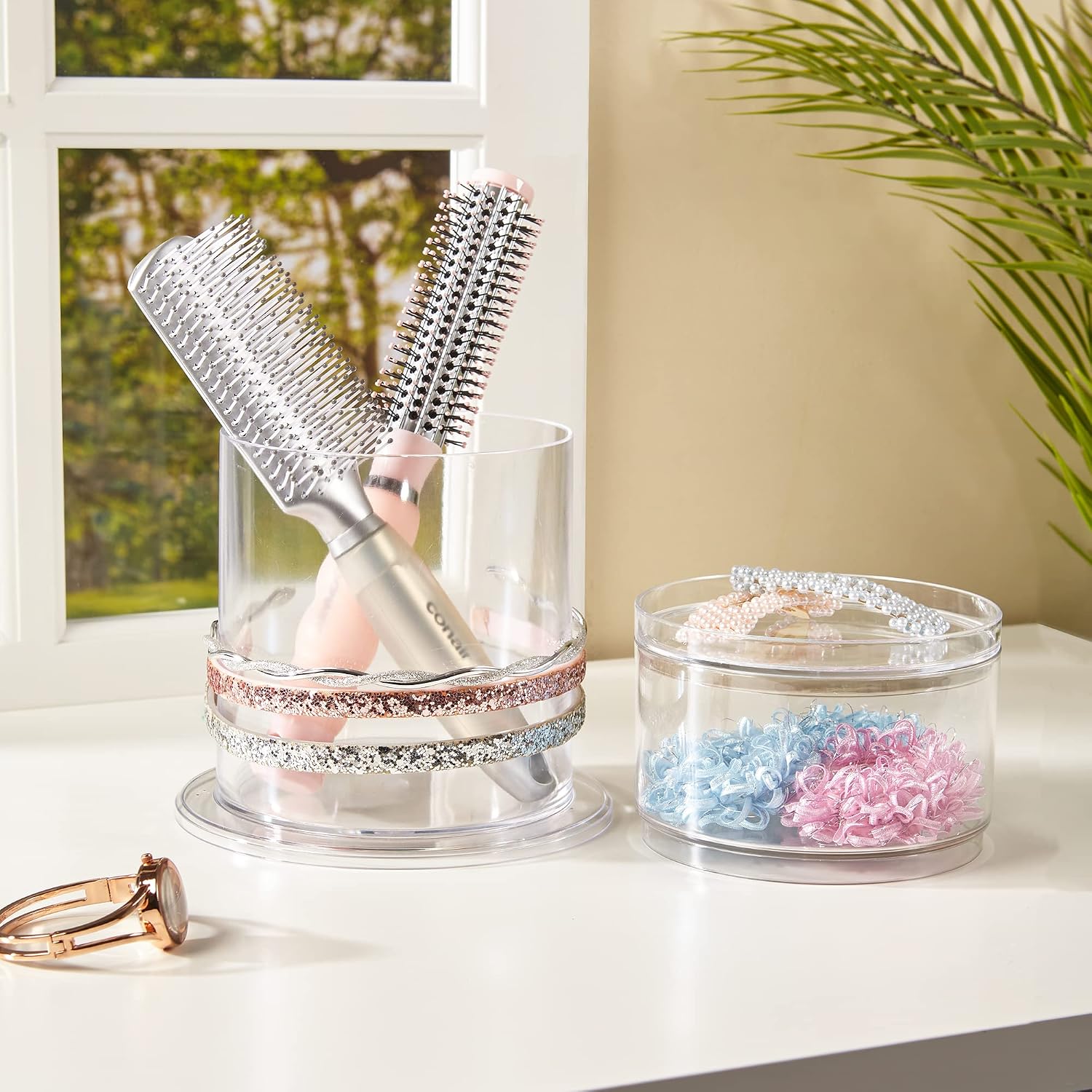 STORi Bella Stackable Clear Plastic Hair Accessory Organizer Set | Round Headband and Hairbrush Holder Stacks on the Storage Containers with Tray Lid | Made in USA
