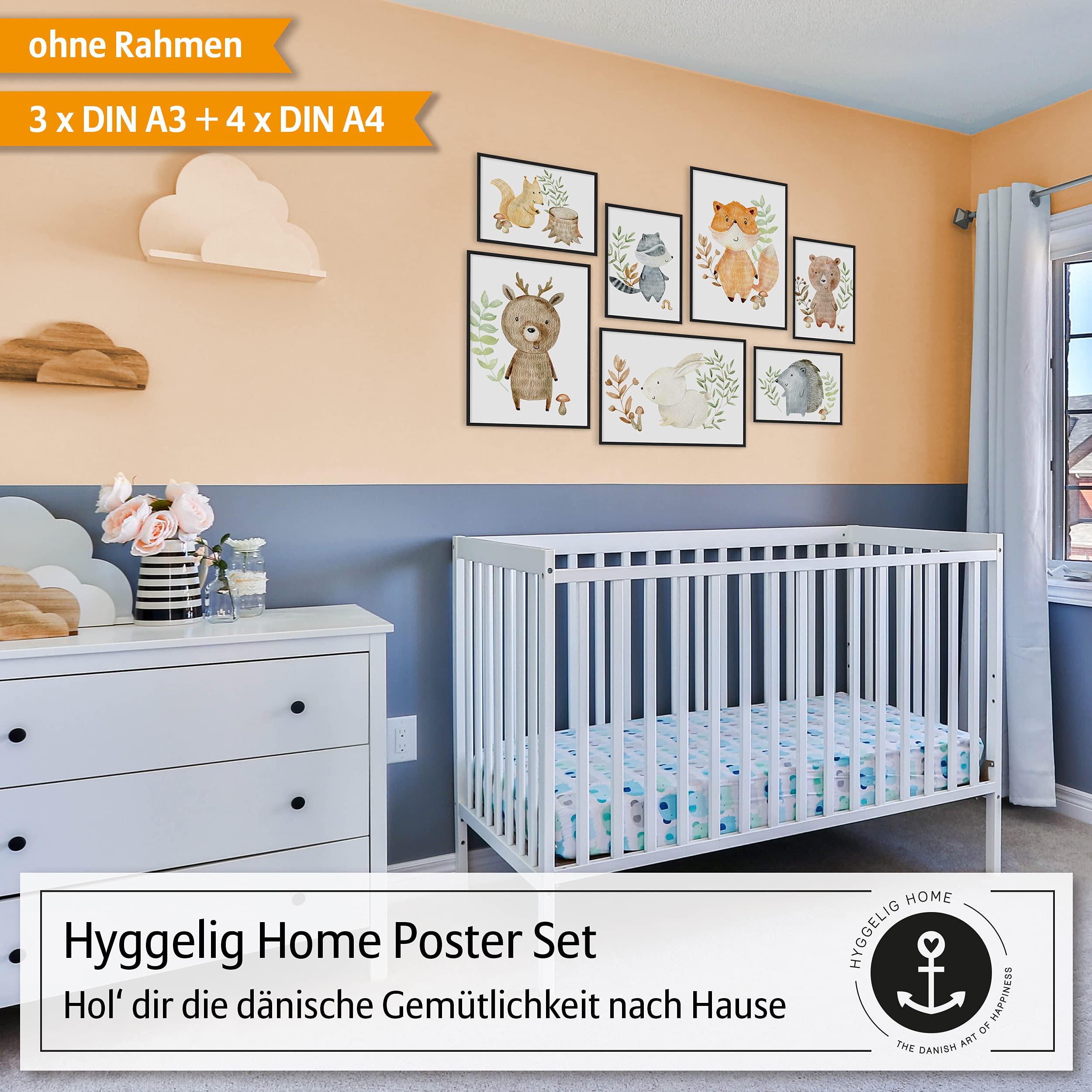 Hyggelig Home Set di poster di alta qualità, 7 immagini per la cameretta dei bambini, motivo animali, astratto, set acquerello