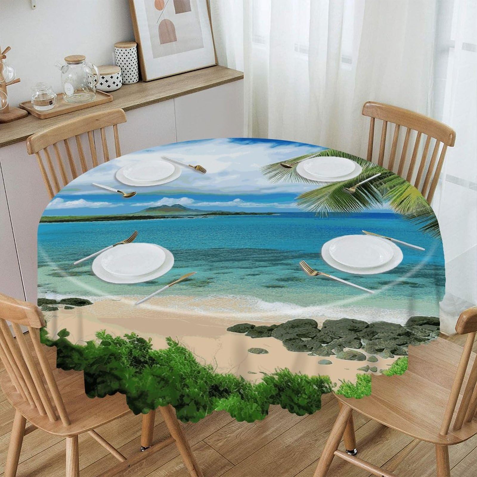 VstaDank Tropical Palm Tree Hawaii Beach Round Tablecloth 60 Inch Easy to Clean Circle Table Cover Thick Decorative Round Polyester Table Cloth for Dining Kitchen Party Farmhouse Outdoor
