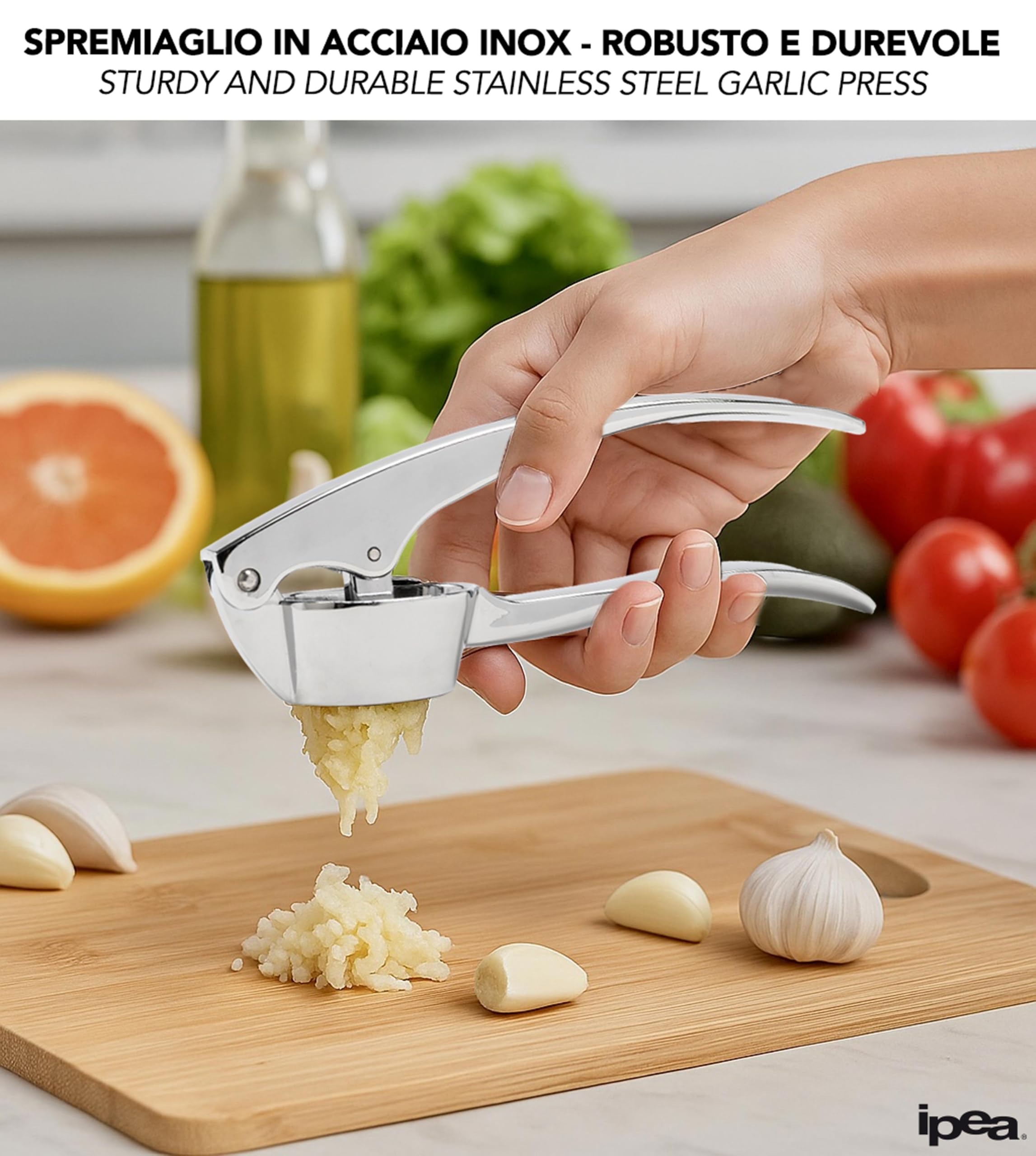 IPEA Presse-ail en Acier Inoxydable pour Ail, Gingembre, Piment - Super Solide - Design Élégant - Presse Ail Professionnel de Cuisine pour Presser Noix et Aliments - Simple Nettoyer