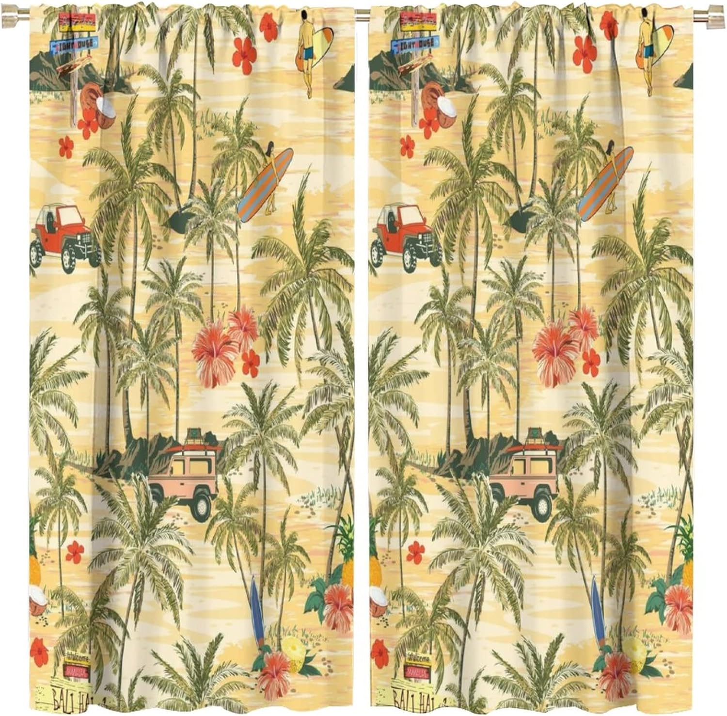 Coconut Tree Landscape Curtains Sandy Beach Red Flowers Summer Landscape Rod Pocket Blackout Drapes 42x45in
