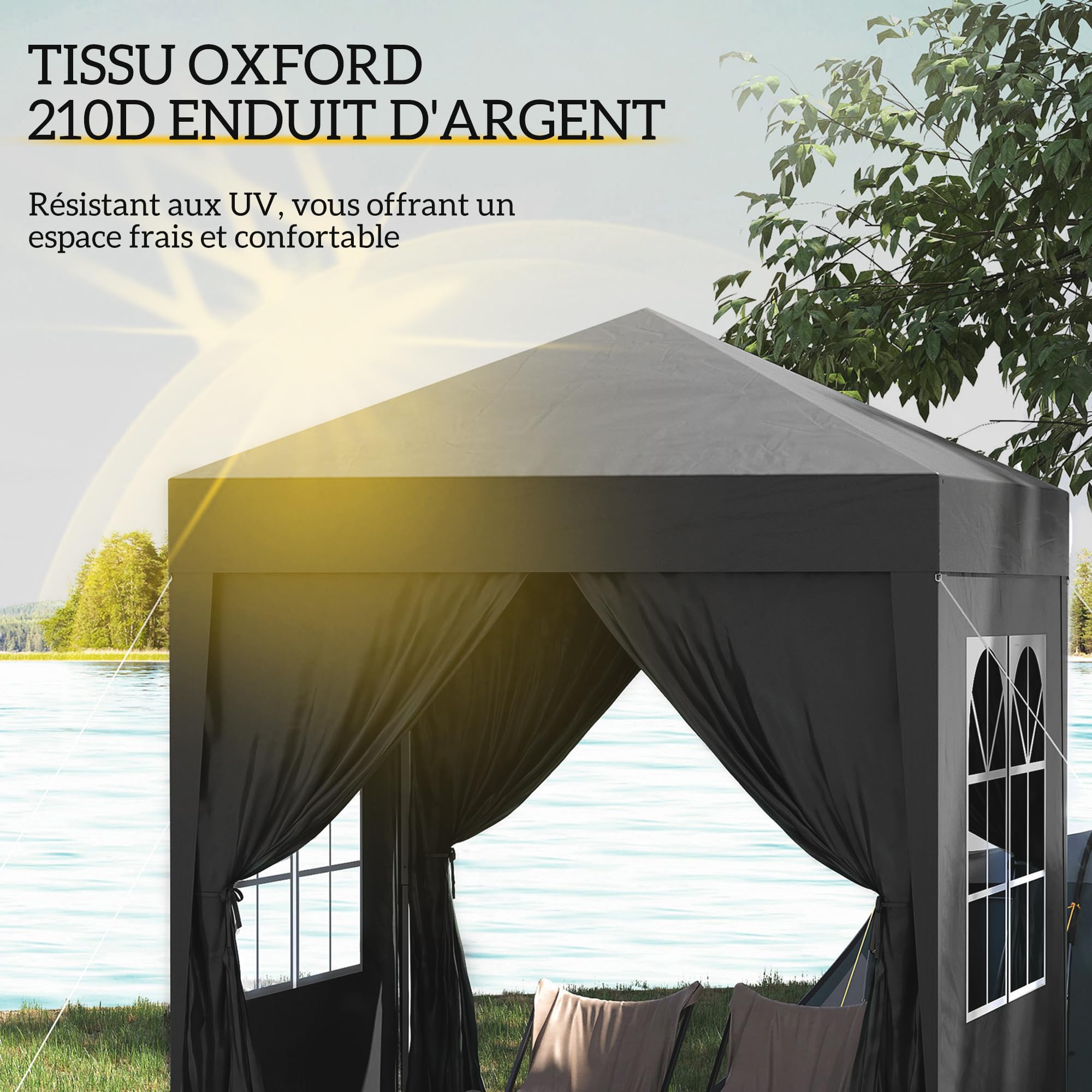 Outsunny Tonnelle de Jardin Pliante Pop-up 2 x 2 m, Protection UV, Cadre en Acier, 4 côtés Amovibles, Noir