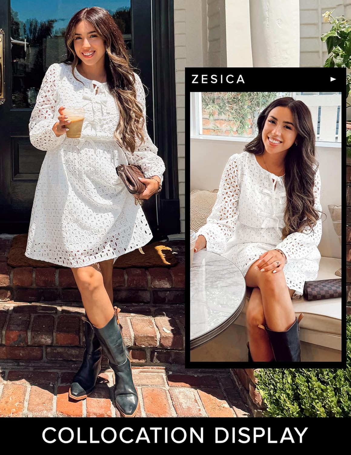 ZESICA Women's Long Sleeve Mini Dress 2026 Fall Crewneck Tie Front Hollow Out Eyelet Babydoll A Line Short Dresses - Image 6