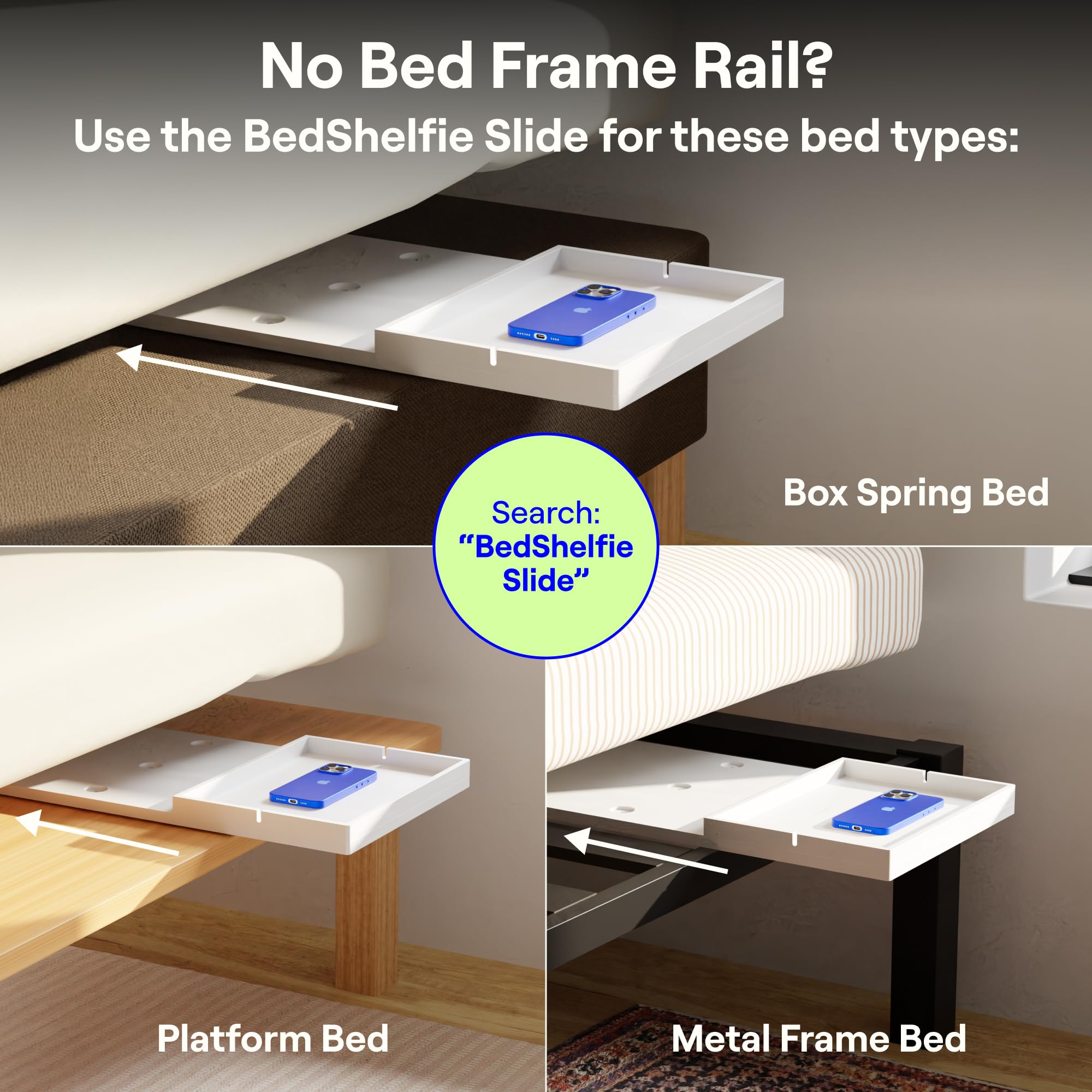 BedShelfie Mesita Nocturna Lateral para Colgar Bandeja para Cama para Niveles y Cama Superior, Esenciales para Residencias Universitarias, Mesita de Noche para Cama Alta, Bandeja para Cama y Tableta