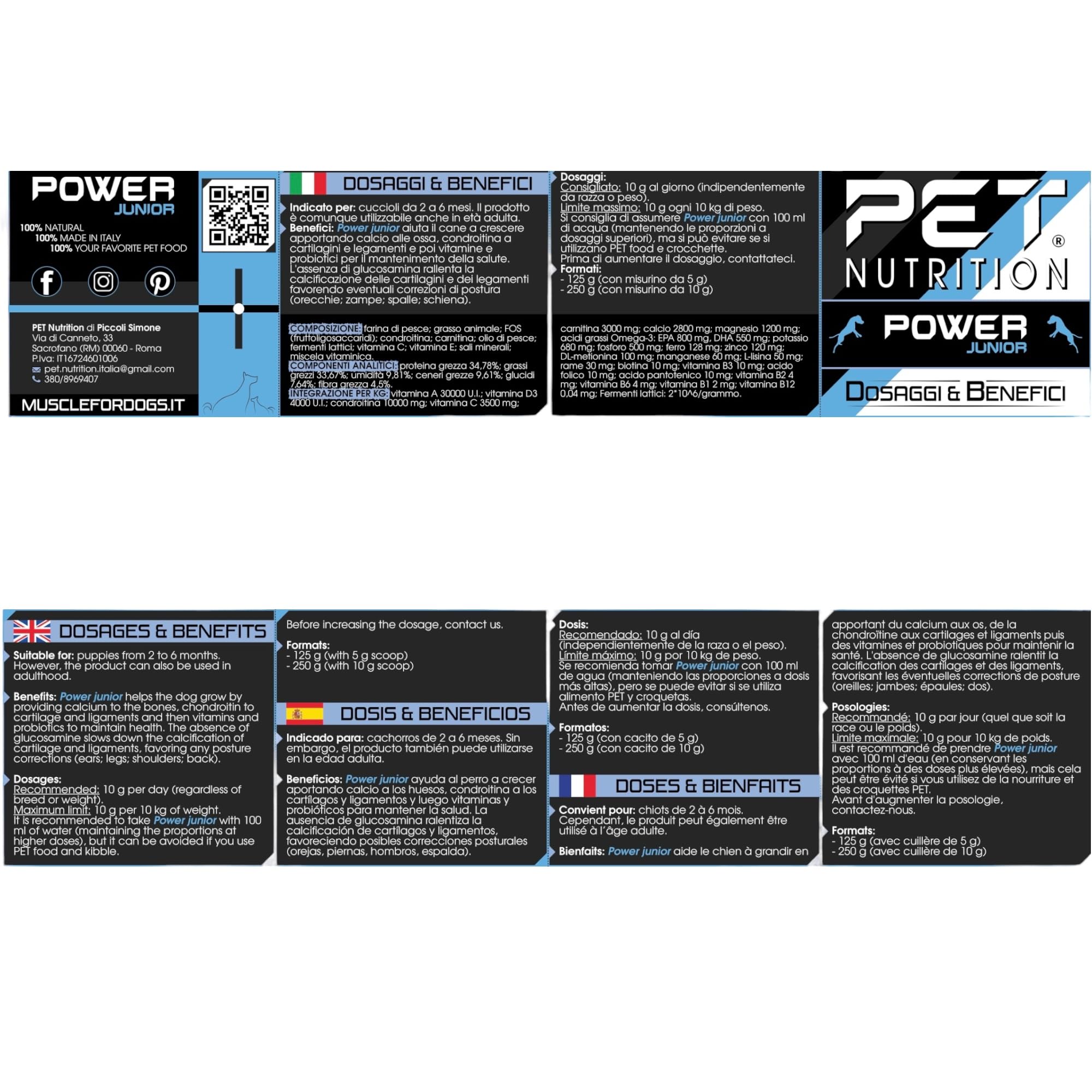 Power Junior 250 Integratore Alimentare per Cuccioli di Cane con Calcio, Vitamine e Fermenti Lattici (250g)