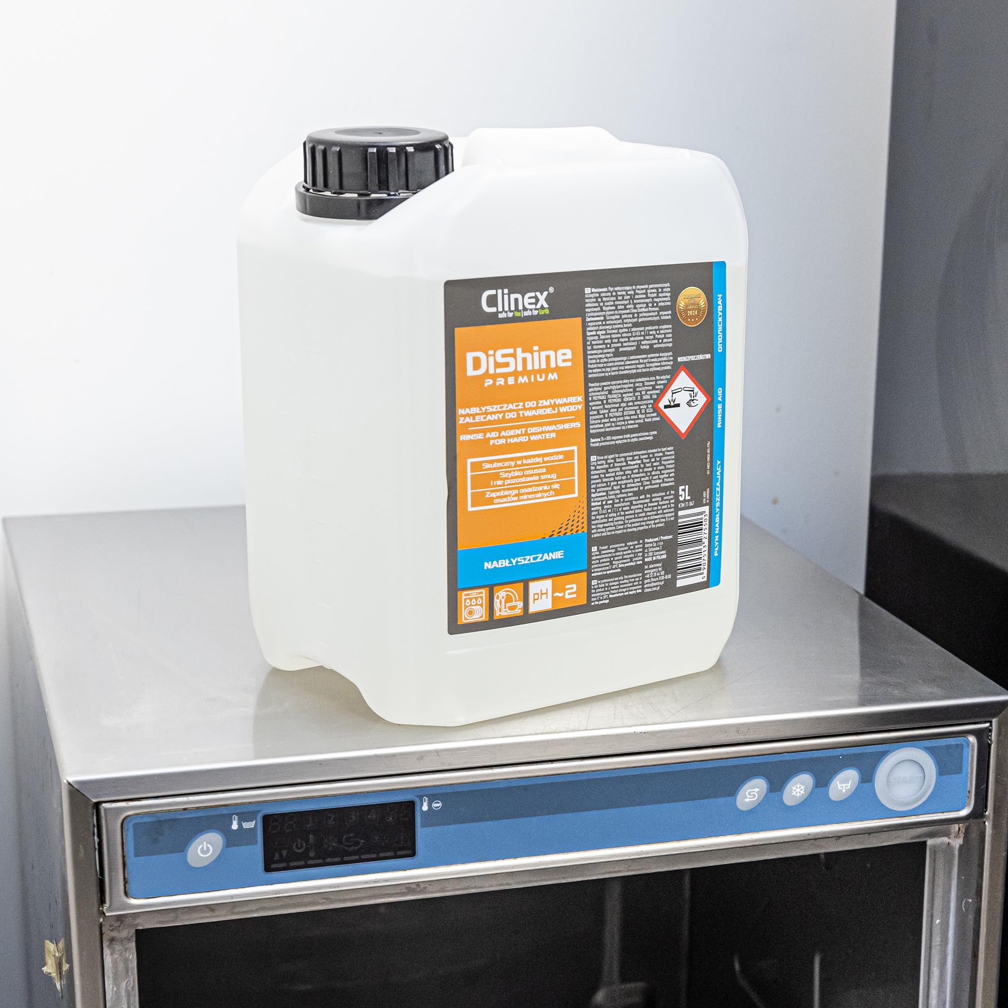 Clinex DISHINE Premium Konzentriertes Profi Klarspüler für gewerbliche Spülmaschinen / 5l Kanister/Glanzspüler für Spülmaschinen in Haushalt & Gewerbe Maschinenklarspüler/Enthärtet Wasser