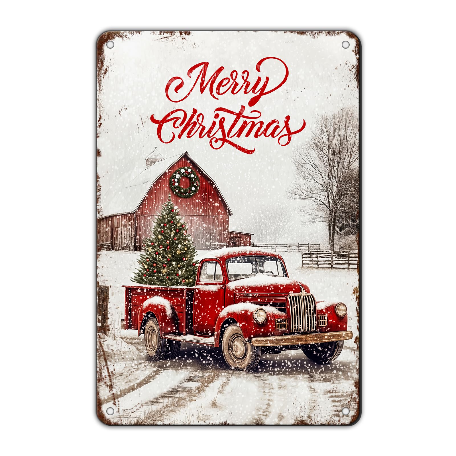 Anceky Merry Christmas Red Truck Metal Tin Sign Yard Sign Wall Decor for Home Yard Outdoor Bar Cafe Outside 12×8 Inch