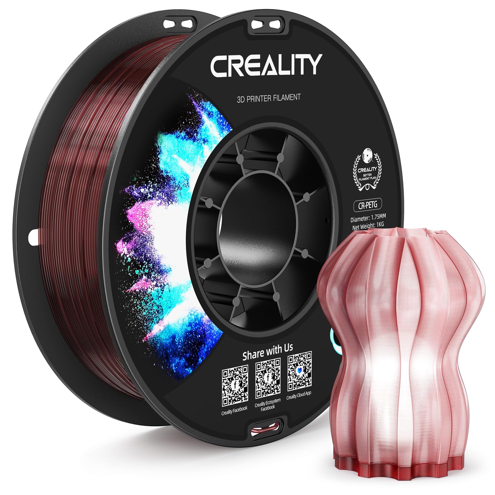 CREALITY PETG Filament 1.75mm 3D Printer Filament, 1kg (2.2lb) Neatly Wound Spool, Dimensional Accuracy ±0.03mm, Fit for Ender, Bambu Lab, Anycubic,ELEGOO FDM Printers, Transparent Wine Red