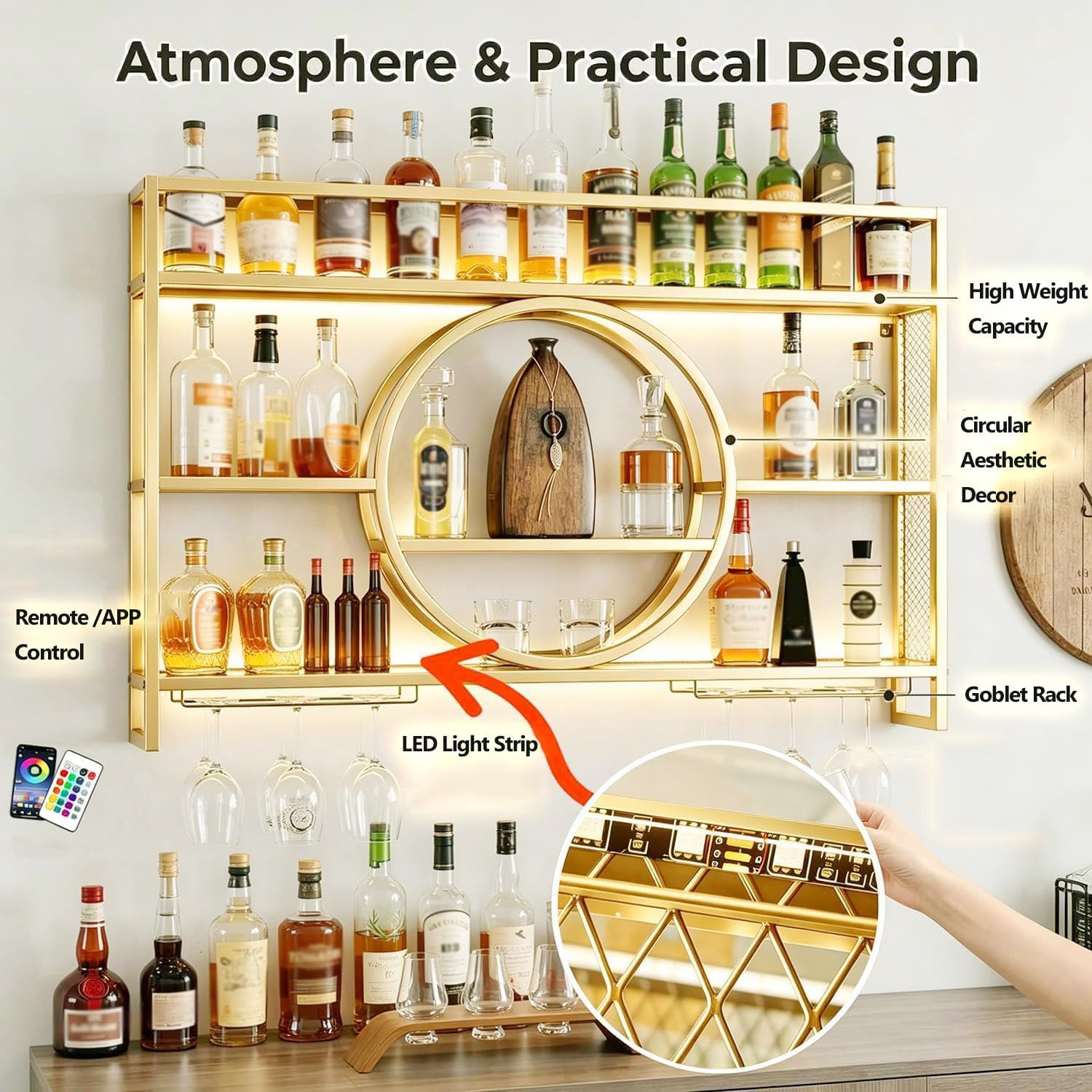 47 Inch Bar Shelves Wall Mounted Wine Rack with LED Light image 4