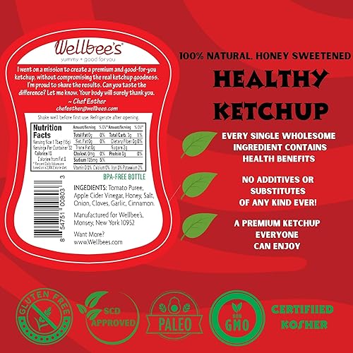 Miniatura 2 de Wellbee's Ketchup endulzado con miel, paquete de 2 unidades, sin azúcar añadido, totalmente natural, apto para paleo y SCD, sin aditivos, sin