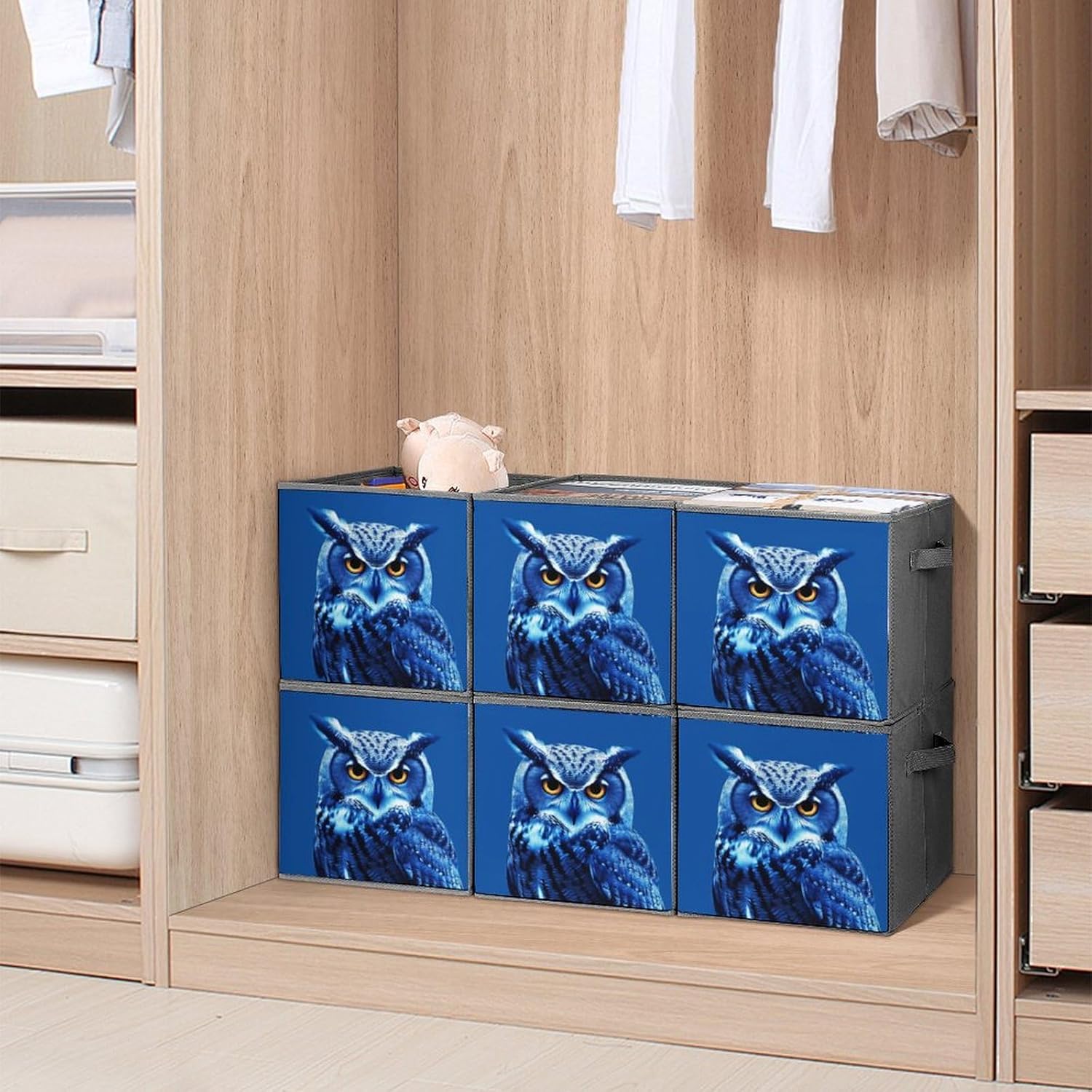 Multi Use Organizer Bins, Blue Owl Printed Storage Bins, Foldable Storage Baskets Are Suitable For Bedrooms, Offices, And Cars